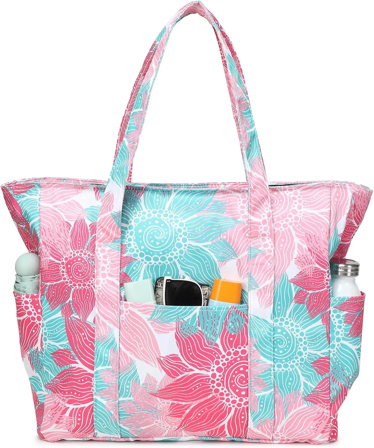 Octsky Roomy Beach Bags for Women - Waterproof Sandproof Beach Tote with Dual Zipper and Wet Pocket - 3 Outside Pockets