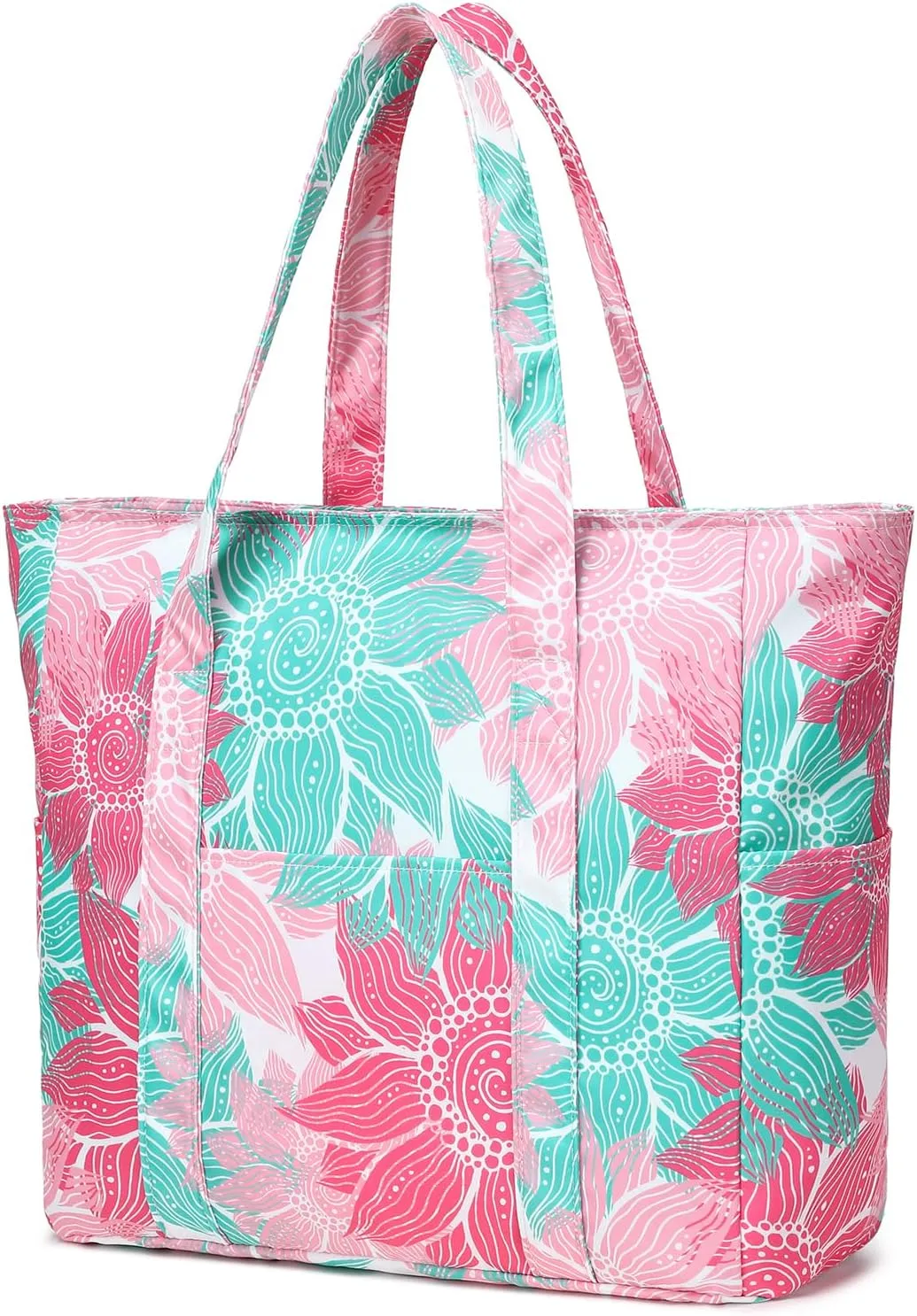Octsky Roomy Beach Bags for Women - Waterproof Sandproof Beach Tote with Dual Zipper and Wet Pocket - 3 Outside Pockets