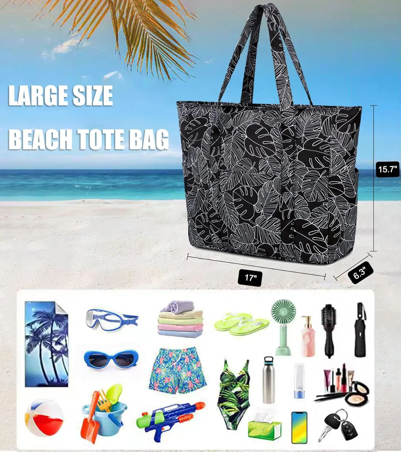 Octsky Roomy Beach Bags for Women - Waterproof Sandproof Beach Tote with Dual Zipper and Wet Pocket - 3 Outside Pockets