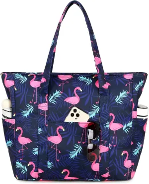 Octsky Roomy Beach Bags for Women - Waterproof Sandproof Beach Tote with Dual Zipper and Wet Pocket - 3 Outside Pockets