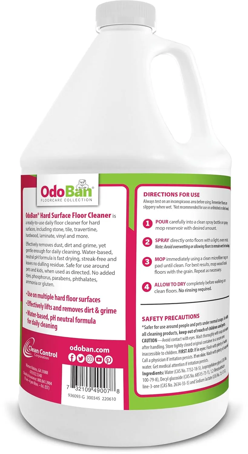OdoBan Ready-to-Use Hard Surface Floor Cleaner, Streak Free and Neutral PH Formula, 2 Gallons, Scentless