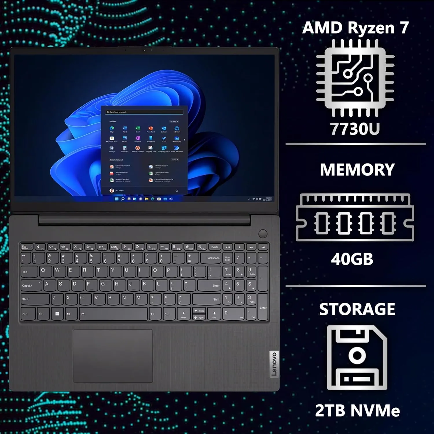 Oemgenuine Lenovo V15 Gen 4 15.6" FHD AMD Ryzen 7 7730U (Beats Intel i7-1355U), 40GB RAM, 2TB NVMe, Wi-Fi 6   BT, HDMI, RJ-45, HD Webcam, W11P, Business Laptop