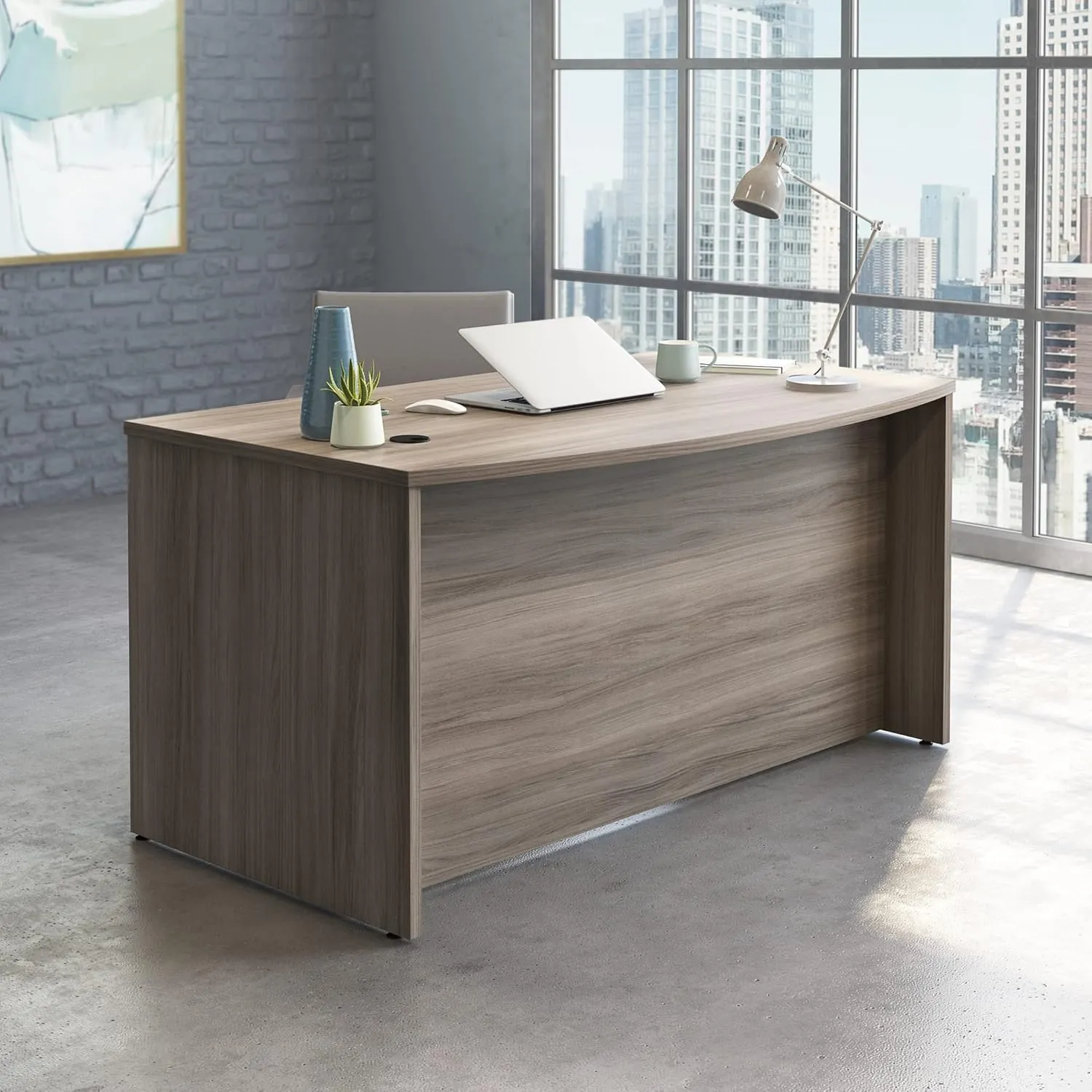 OfficeWorks by Sauder Affirm 60'' Bow Front Desk Shell, L: 34.25'' x W: 59.06'' x H: 29.29'', Hudson Elm