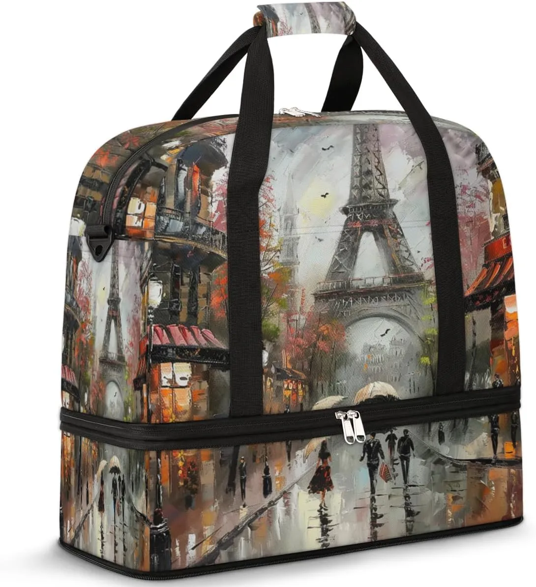 Oil Painting Paris Travel Duffel Bag for Women Men, Sports Gym Bag with Shoes Compartment France Eiffel Tower Foldable Overnight Bag Weekender Tote Workout Carry On Luggage Bag