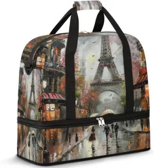 Oil Painting Paris Travel Duffel Bag for Women Men, Sports Gym Bag with Shoes Compartment France Eiffel Tower Foldable Overnight Bag Weekender Tote Workout Carry On Luggage Bag