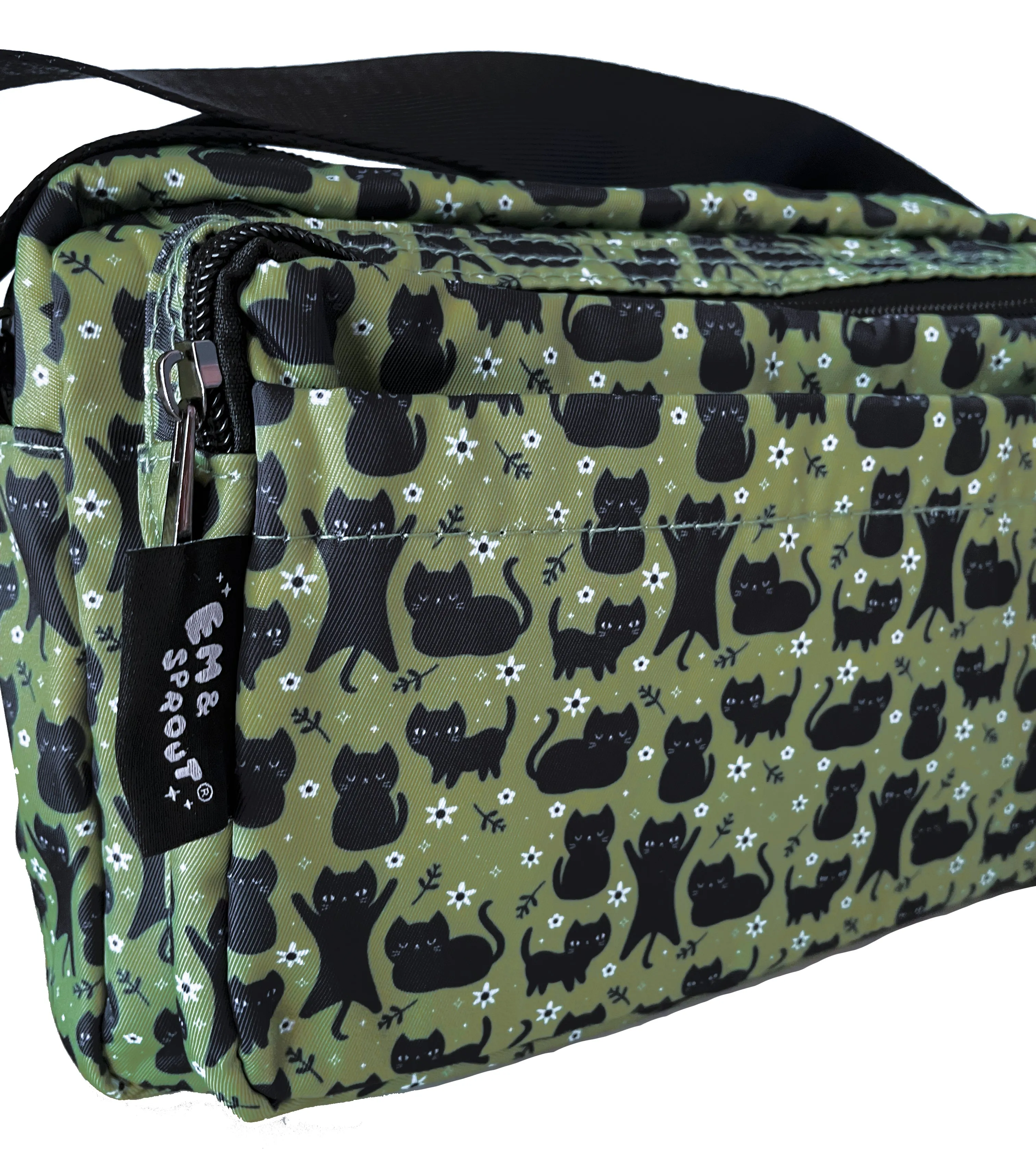 Olive Floral Cats Crossbody Bag
