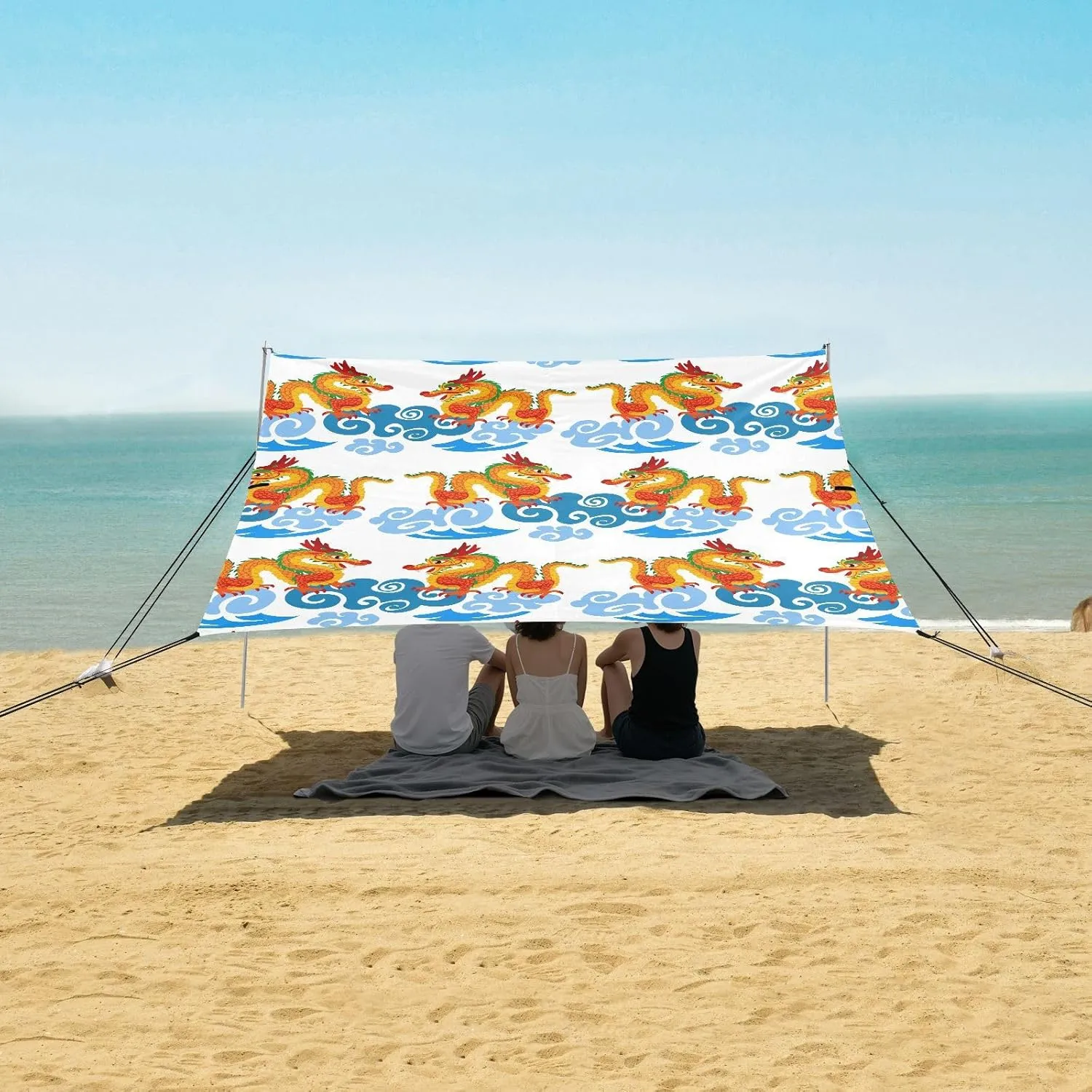 Orange Dragons Beach Canopy Tent Anti-UV & Wind Resistant, Clouds Camping Sun Shelter Easy Setup Portable,Outdoor Shade Tents with Sandbags,Sand Shovels,Ground Pegs & Stability Poles