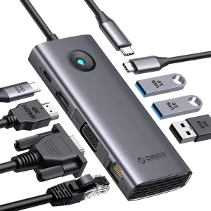 ORICO USB C Docking Station, 8-in-1 Laptop USB C Dock with 4K HDMI, VGA, Gigabit Ethernet, 3*USB 3.0 & 1*USB 2.0, 100W Power Delivery Compatible with MacBook, iPad, Steam Deck or Other Type C Devices