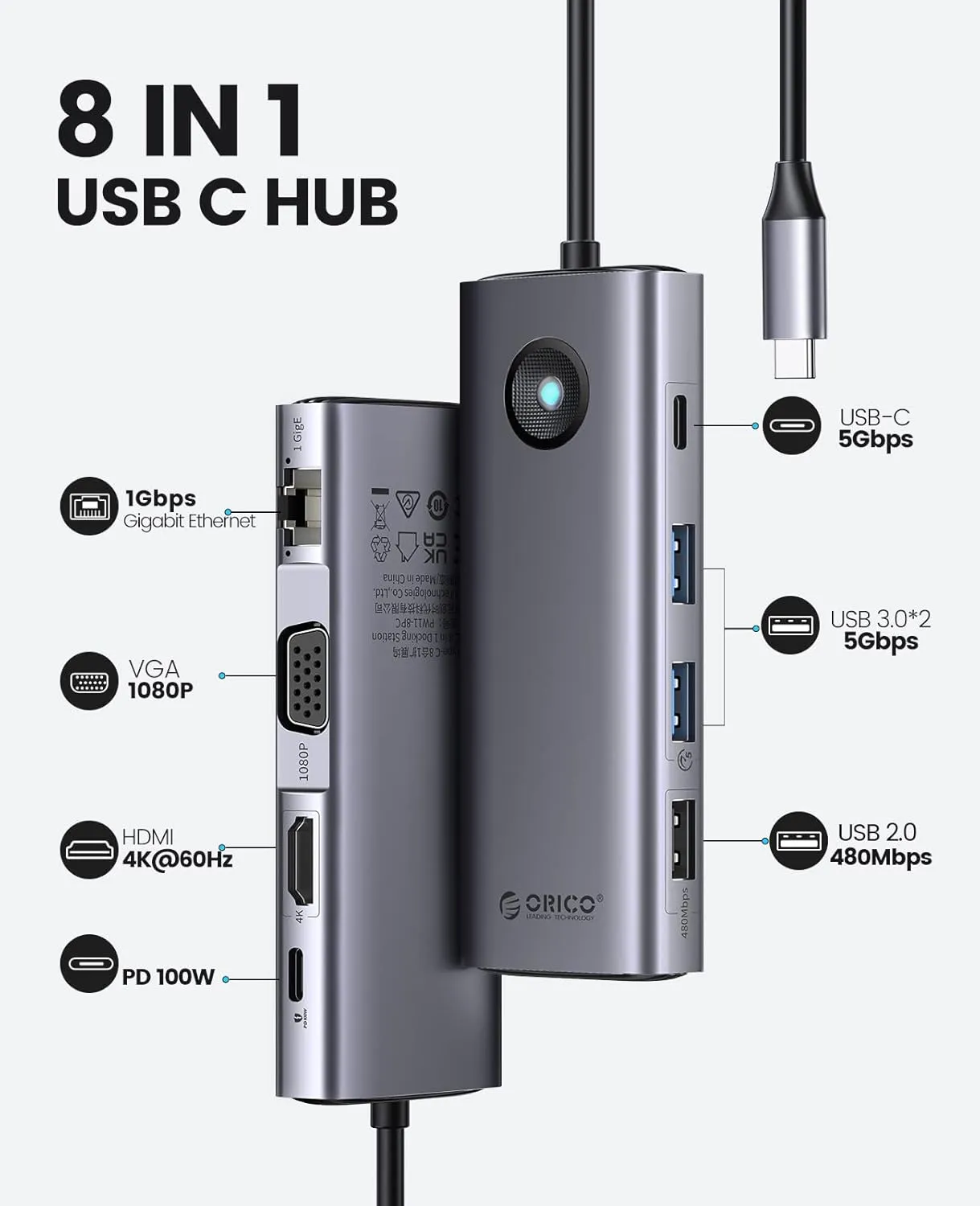ORICO USB C Docking Station, 8-in-1 Laptop USB C Dock with 4K HDMI, VGA, Gigabit Ethernet, 3*USB 3.0 & 1*USB 2.0, 100W Power Delivery Compatible with MacBook, iPad, Steam Deck or Other Type C Devices