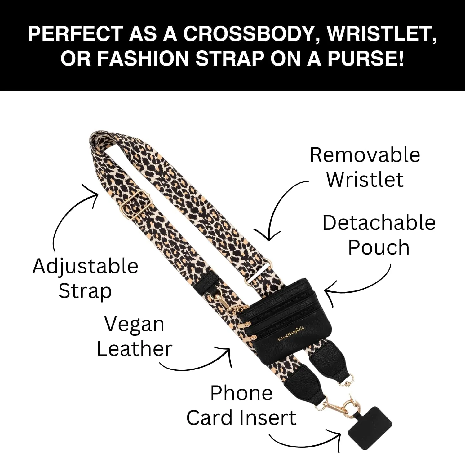 Original Clip and Go Phone Strap (Leopard - Black Pouch) – Crossbody Phone Strap Chain with Zipper Wallet Pouch – Phone Lanyard with Zippered Pouch