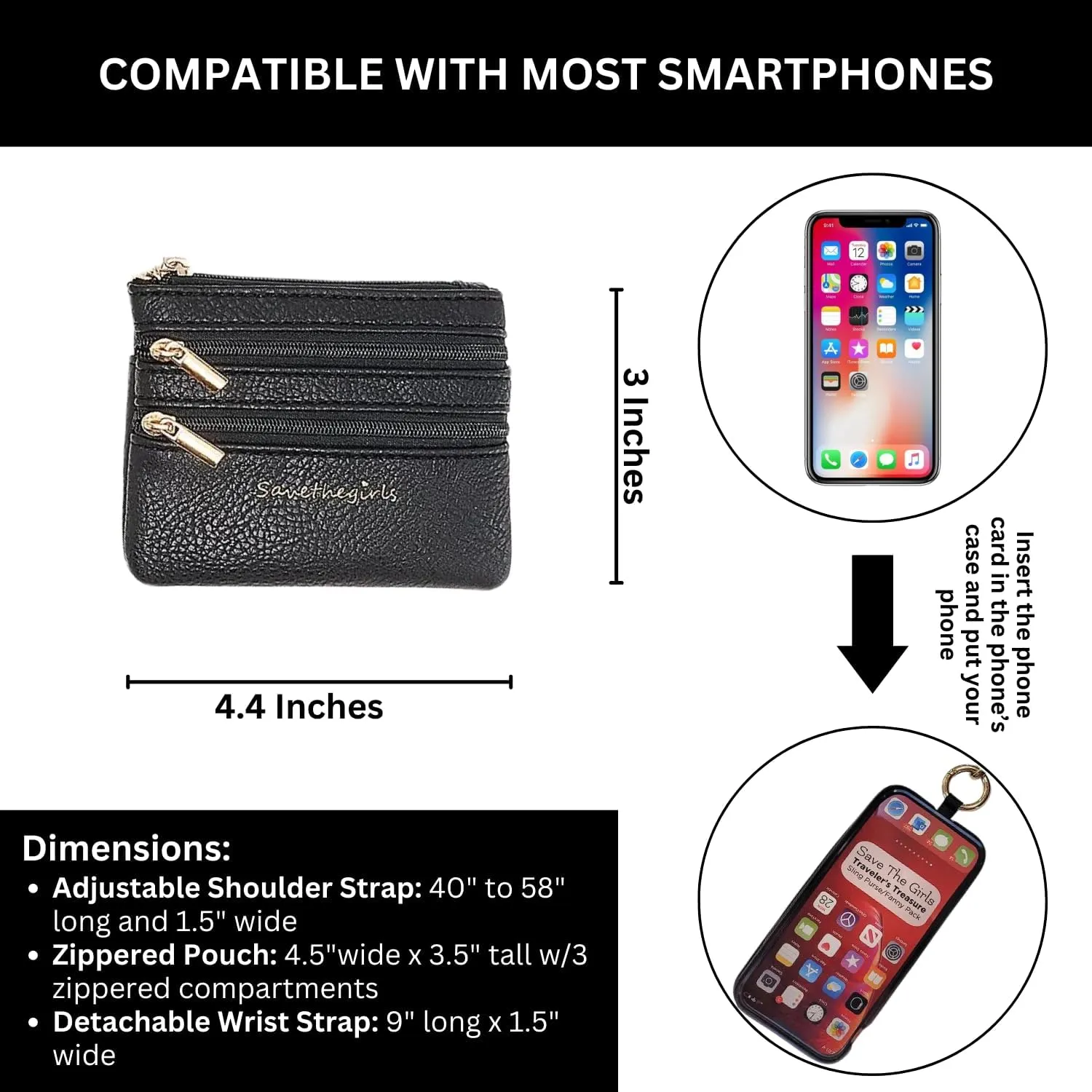 Original Clip and Go Phone Strap (Paw Tracks - Brown Pouch) - Crossbody Phone Strap Chain with Zipper Wallet Pouch – Phone Lanyard and Phone Strap with Zippered Pouch