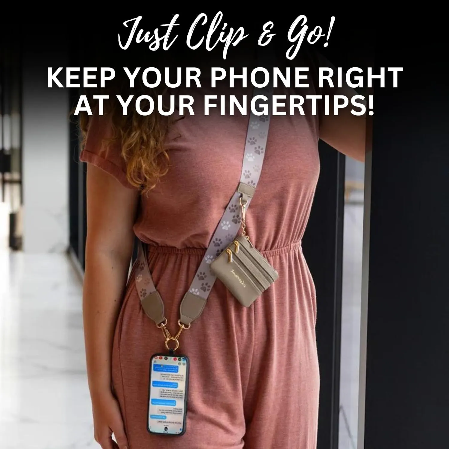 Original Clip and Go Phone Strap (Paw Tracks - Brown Pouch) - Crossbody Phone Strap Chain with Zipper Wallet Pouch – Phone Lanyard and Phone Strap with Zippered Pouch