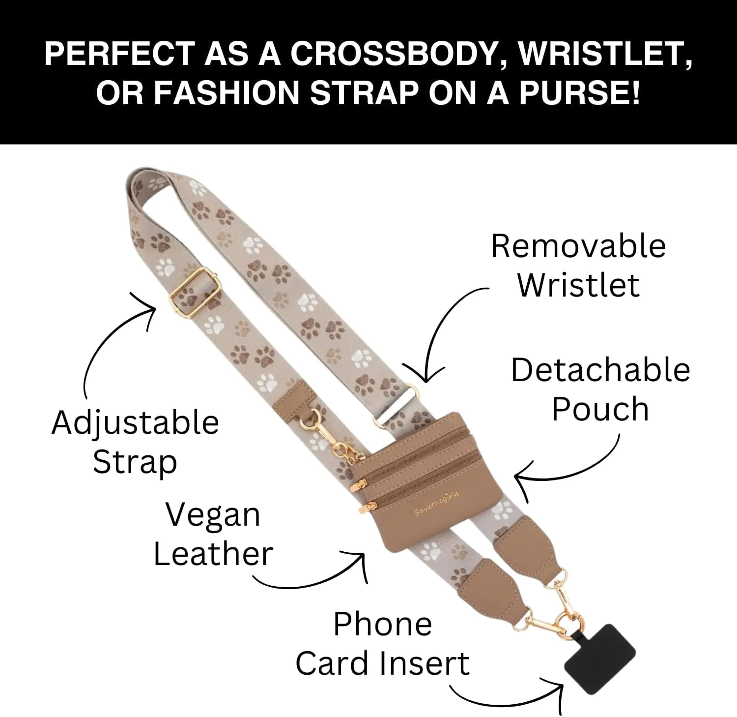 Original Clip and Go Phone Strap (Paw Tracks - Brown Pouch) - Crossbody Phone Strap Chain with Zipper Wallet Pouch – Phone Lanyard and Phone Strap with Zippered Pouch