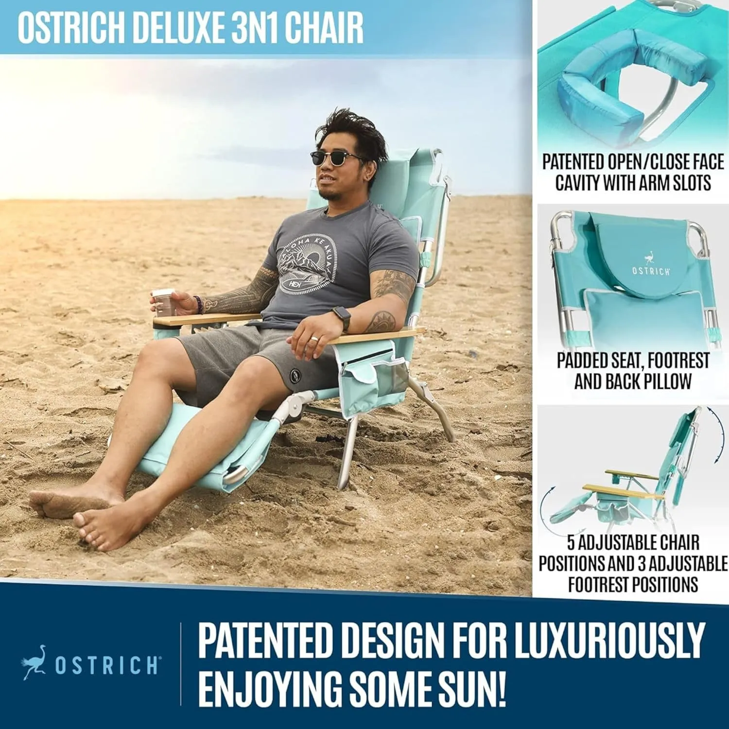 Ostrich Deluxe Reclining Lounge Chair, 3 in 1 Folding Outdoor Beach Lounger, Aqua