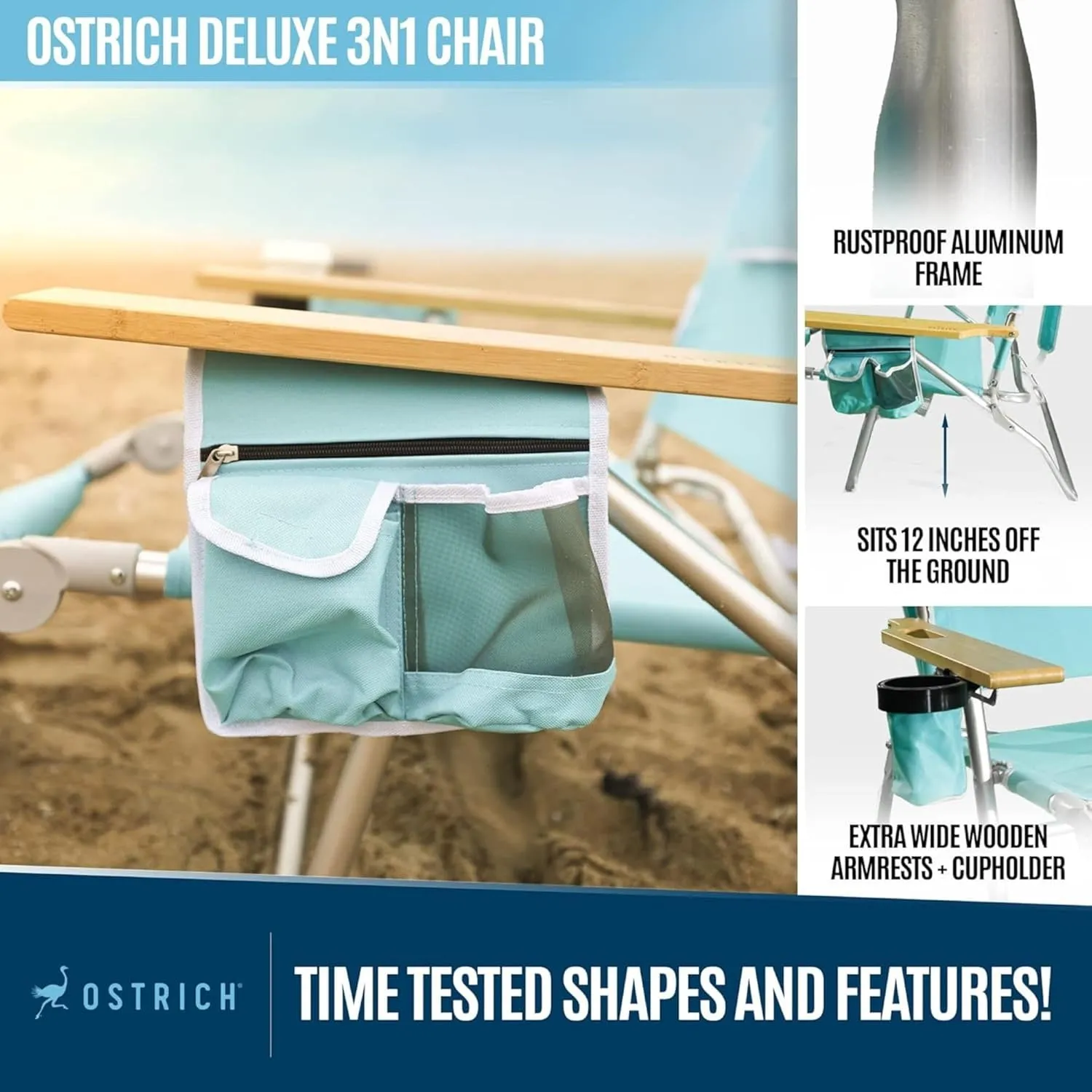 Ostrich Deluxe Reclining Lounge Chair, 3 in 1 Folding Outdoor Beach Lounger, Aqua