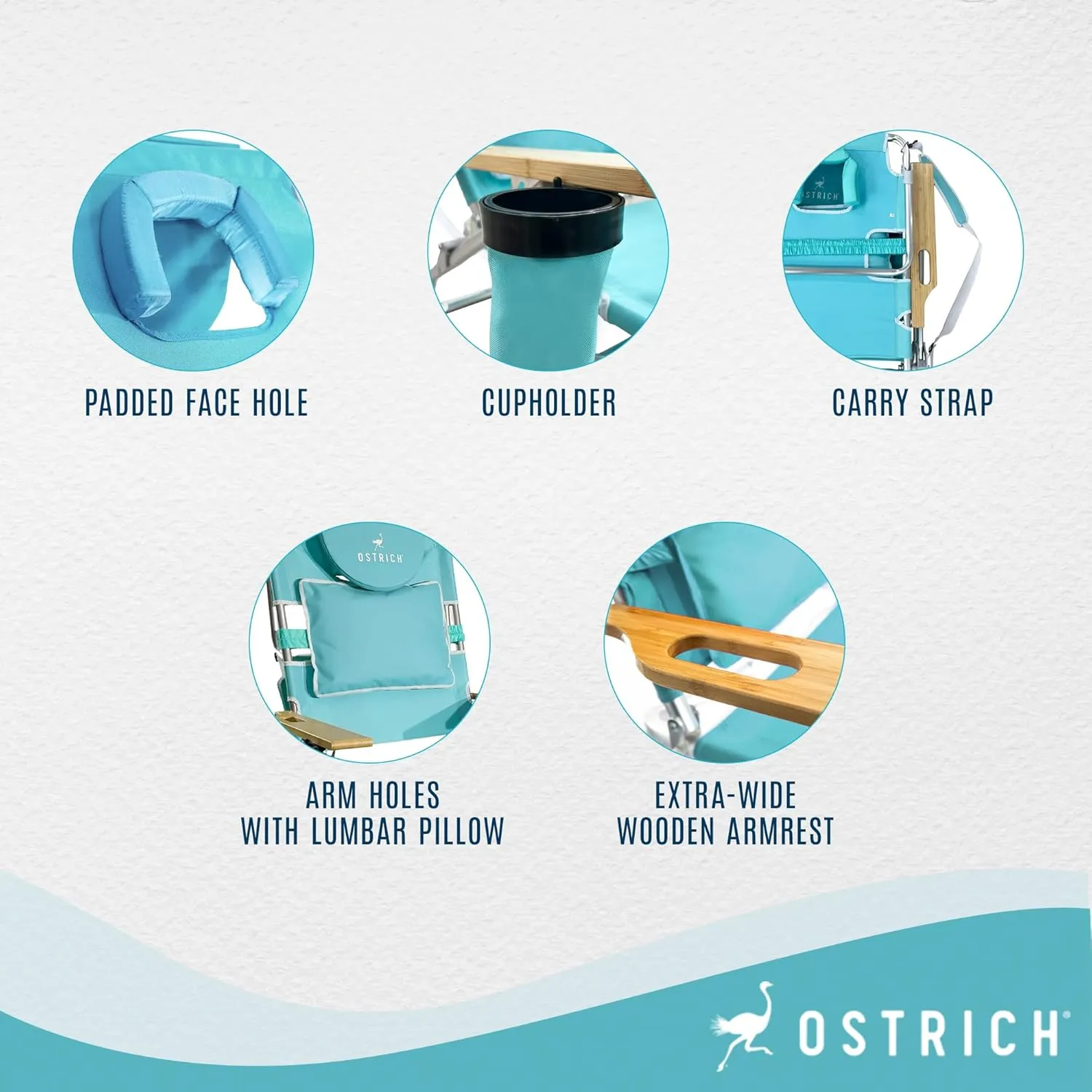 Ostrich Deluxe Reclining Lounge Chair, 3 in 1 Folding Outdoor Beach Lounger, Aqua