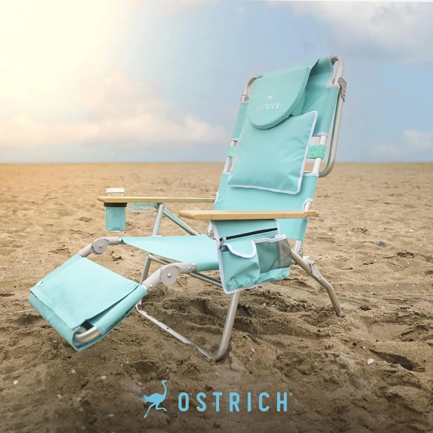 Ostrich Deluxe Reclining Lounge Chair, 3 in 1 Folding Outdoor Beach Lounger, Aqua