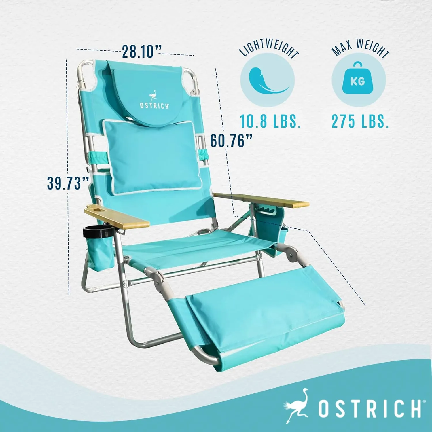 Ostrich Deluxe Reclining Lounge Chair, 3 in 1 Folding Outdoor Beach Lounger, Aqua