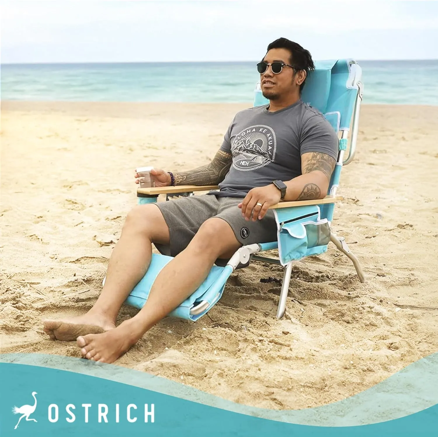 Ostrich Deluxe Reclining Lounge Chair, 3 in 1 Folding Outdoor Beach Lounger, Aqua