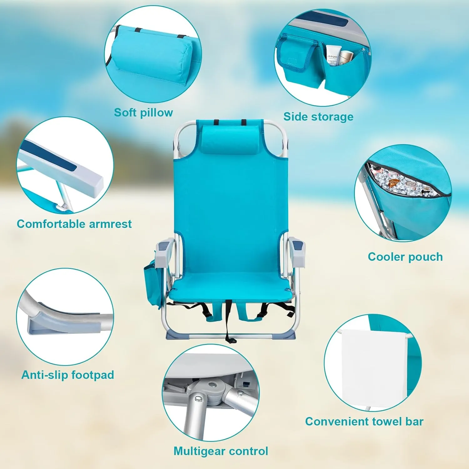Outdoor Beach Lawn Chairs,Low Oxford Cloth Backpack Foldable Camping Chair,Portable Lightweight Beach Chairs for Adults,Folding Camping Chair,with Cup Holder,for Patio Pool Yard Garden (Mint Green)