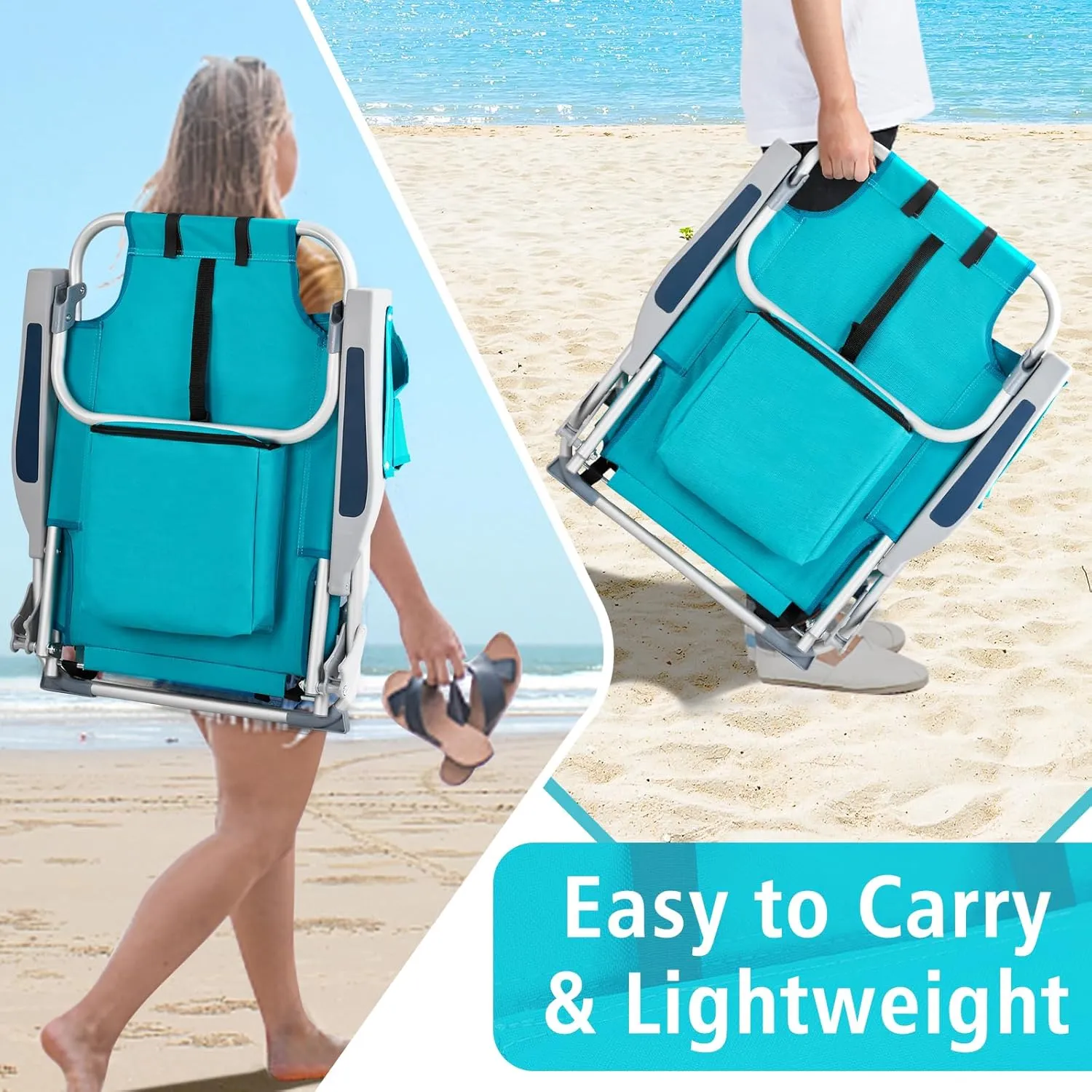 Outdoor Beach Lawn Chairs,Low Oxford Cloth Backpack Foldable Camping Chair,Portable Lightweight Beach Chairs for Adults,Folding Camping Chair,with Cup Holder,for Patio Pool Yard Garden (Mint Green)
