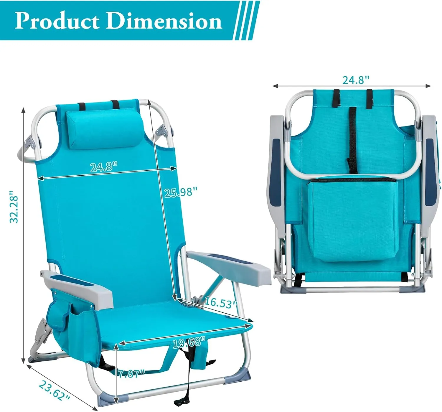 Outdoor Beach Lawn Chairs,Low Oxford Cloth Backpack Foldable Camping Chair,Portable Lightweight Beach Chairs for Adults,Folding Camping Chair,with Cup Holder,for Patio Pool Yard Garden (Mint Green)