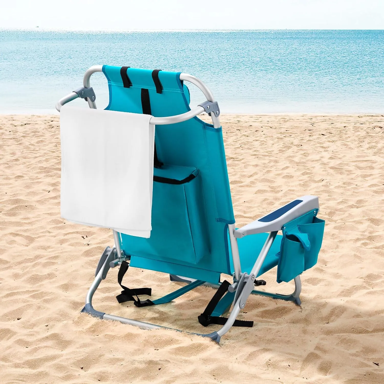 Outdoor Beach Lawn Chairs,Low Oxford Cloth Backpack Foldable Camping Chair,Portable Lightweight Beach Chairs for Adults,Folding Camping Chair,with Cup Holder,for Patio Pool Yard Garden (Mint Green)