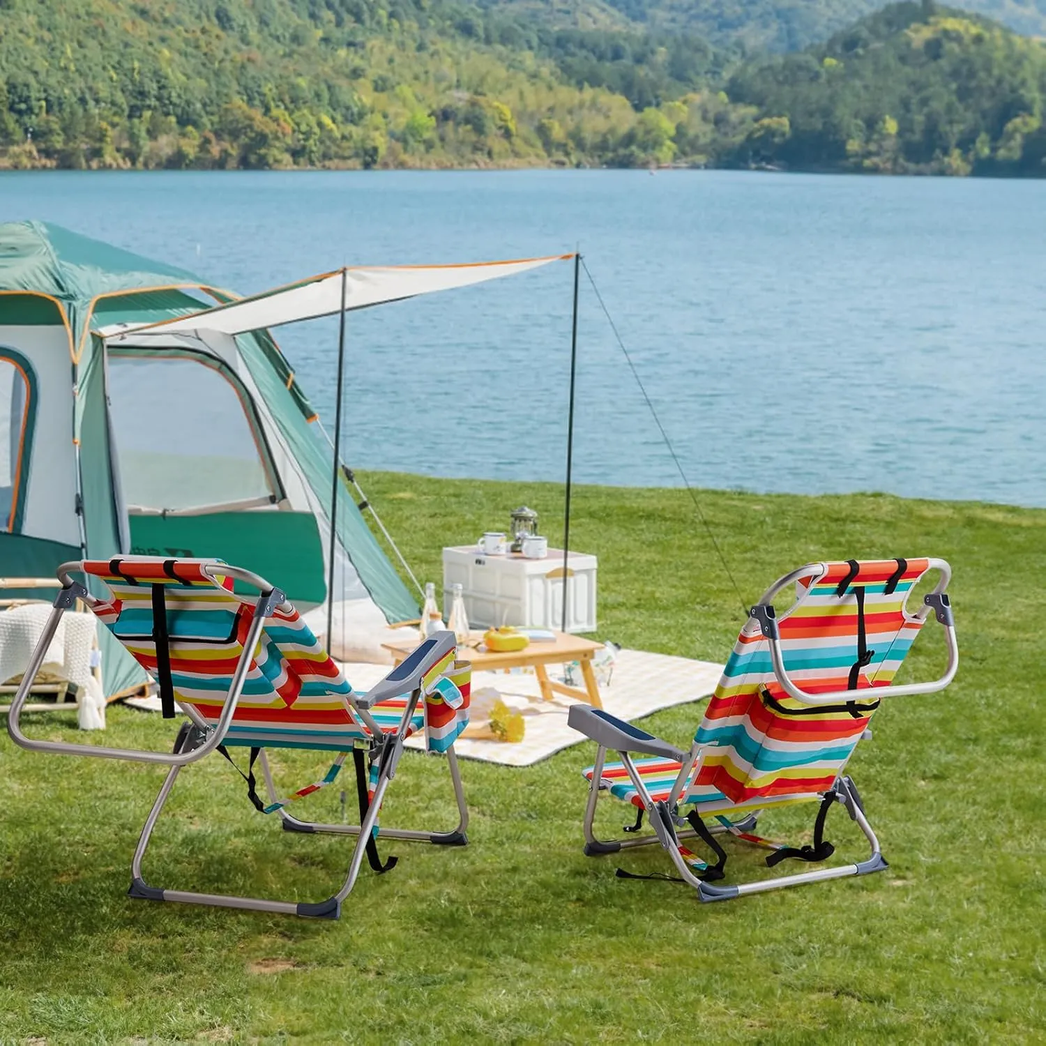 Outdoor High Beach Lawn Chair,Portable Lightweight Folding Chair for Adults,Folding Beach Chair,Portable Backpack Foldable Camping Chair,with Cup Holder,for Patio Pool Yard Garden (Rainbow Stripes)