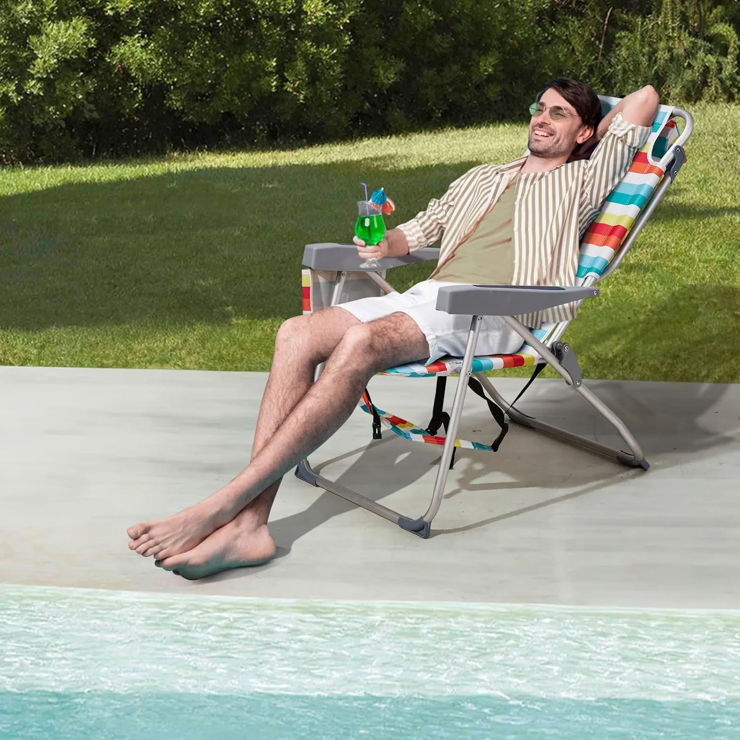 Outdoor High Beach Lawn Chair,Portable Lightweight Folding Chair for Adults,Folding Beach Chair,Portable Backpack Foldable Camping Chair,with Cup Holder,for Patio Pool Yard Garden (Rainbow Stripes)