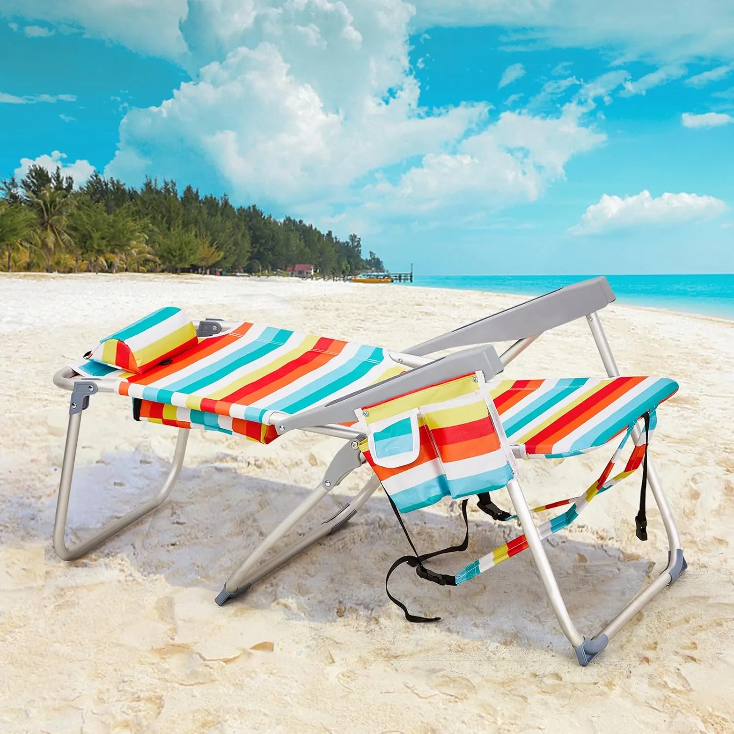 Outdoor High Beach Lawn Chair,Portable Lightweight Folding Chair for Adults,Folding Beach Chair,Portable Backpack Foldable Camping Chair,with Cup Holder,for Patio Pool Yard Garden (Rainbow Stripes)
