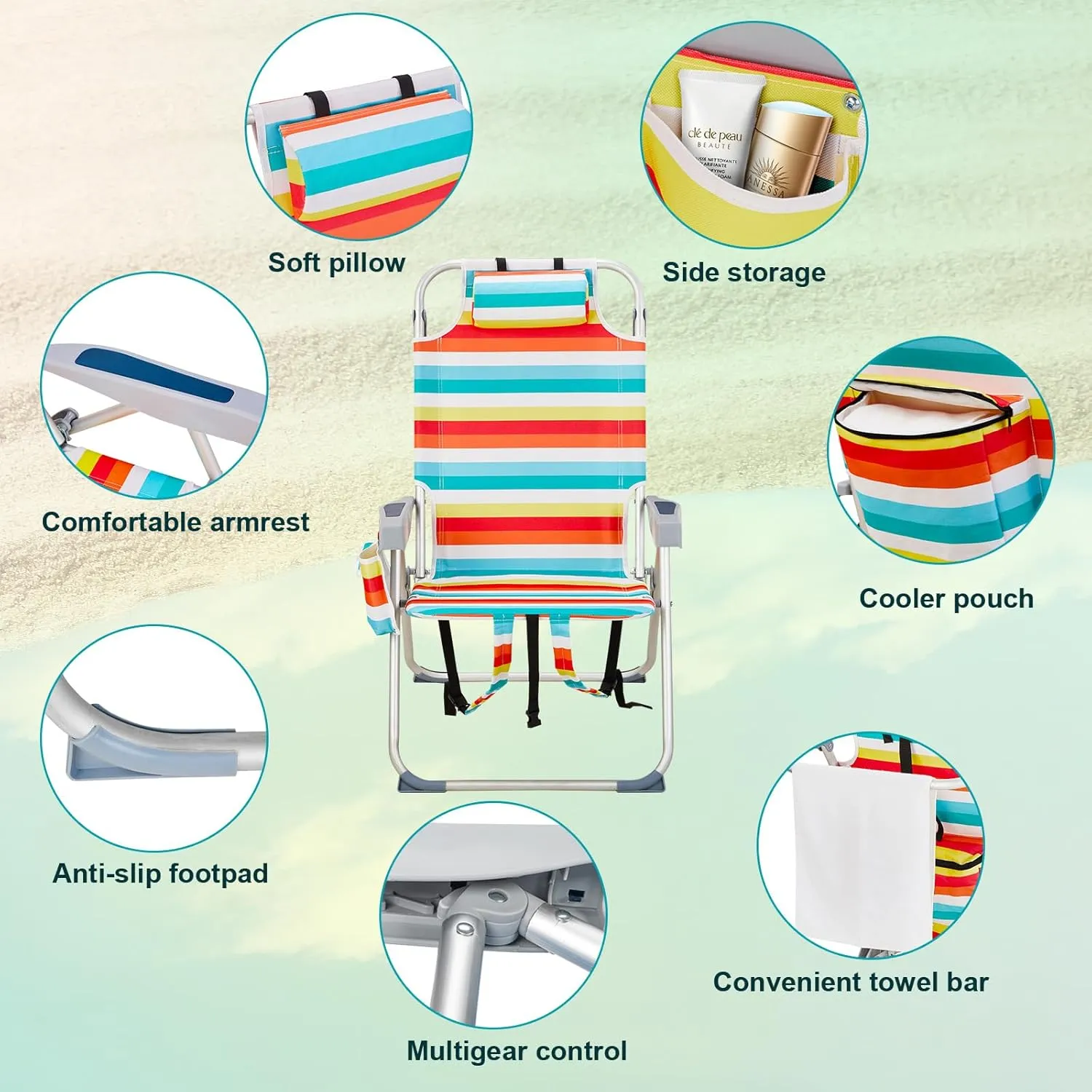 Outdoor High Beach Lawn Chair,Portable Lightweight Folding Chair for Adults,Folding Beach Chair,Portable Backpack Foldable Camping Chair,with Cup Holder,for Patio Pool Yard Garden (Rainbow Stripes)