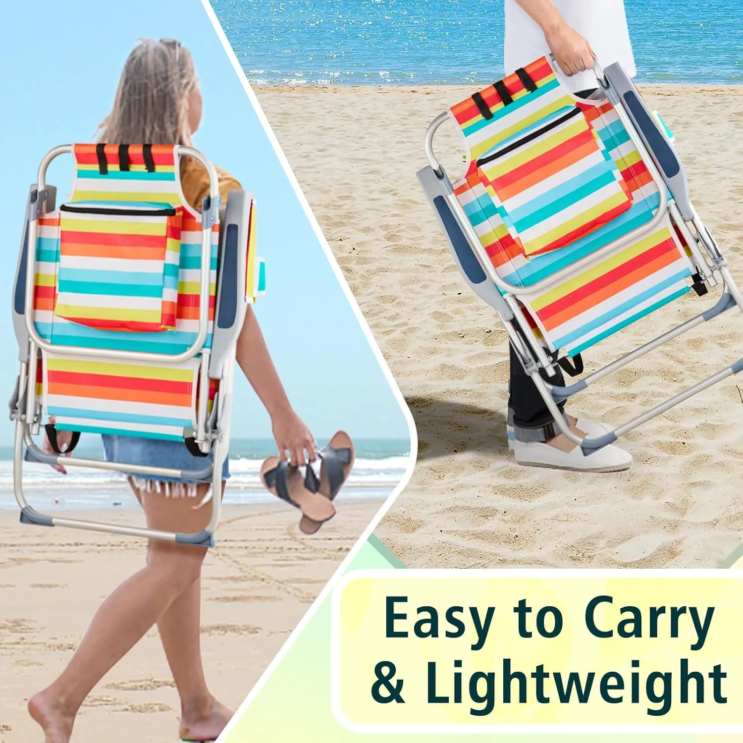 Outdoor High Beach Lawn Chair,Portable Lightweight Folding Chair for Adults,Folding Beach Chair,Portable Backpack Foldable Camping Chair,with Cup Holder,for Patio Pool Yard Garden (Rainbow Stripes)