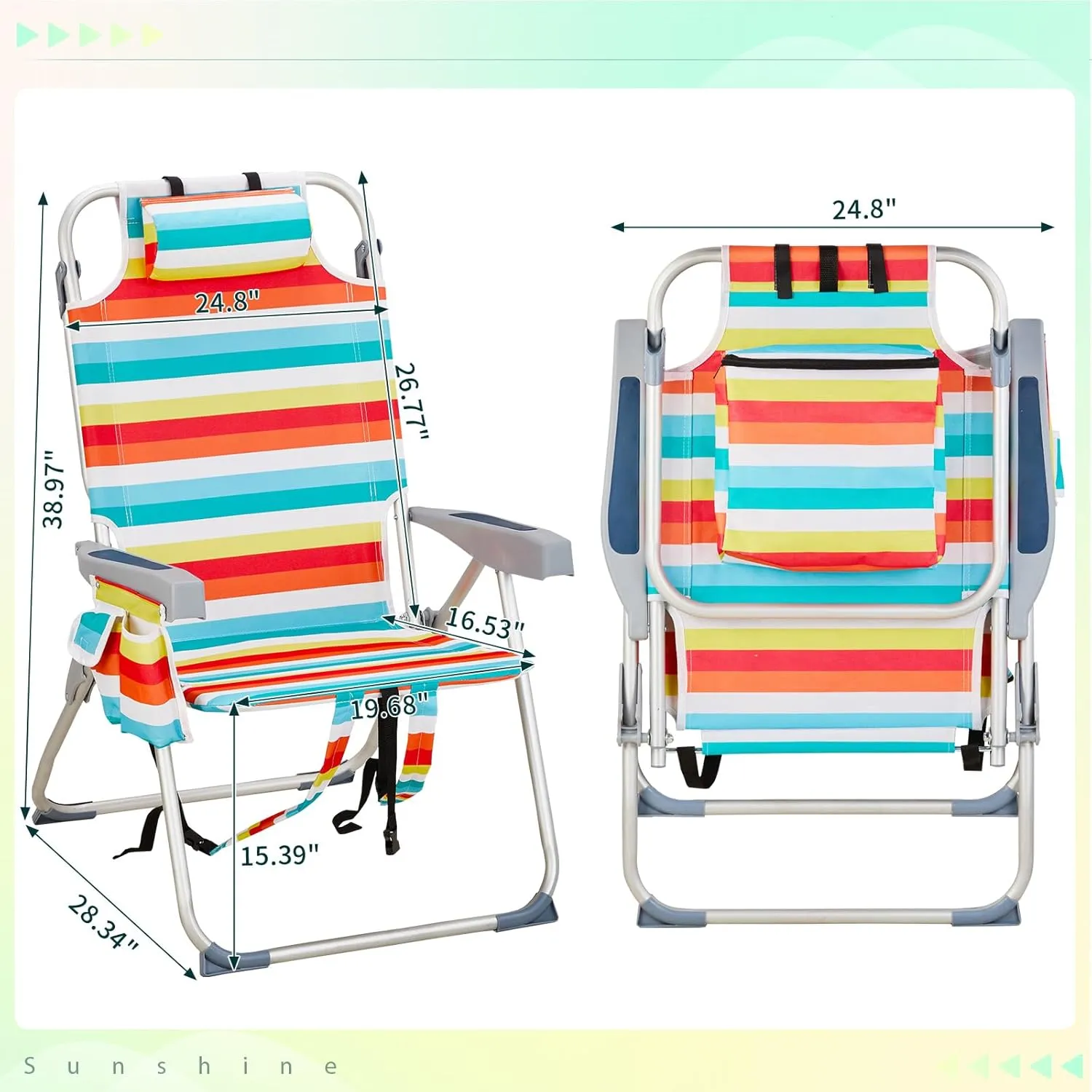 Outdoor High Beach Lawn Chair,Portable Lightweight Folding Chair for Adults,Folding Beach Chair,Portable Backpack Foldable Camping Chair,with Cup Holder,for Patio Pool Yard Garden (Rainbow Stripes)