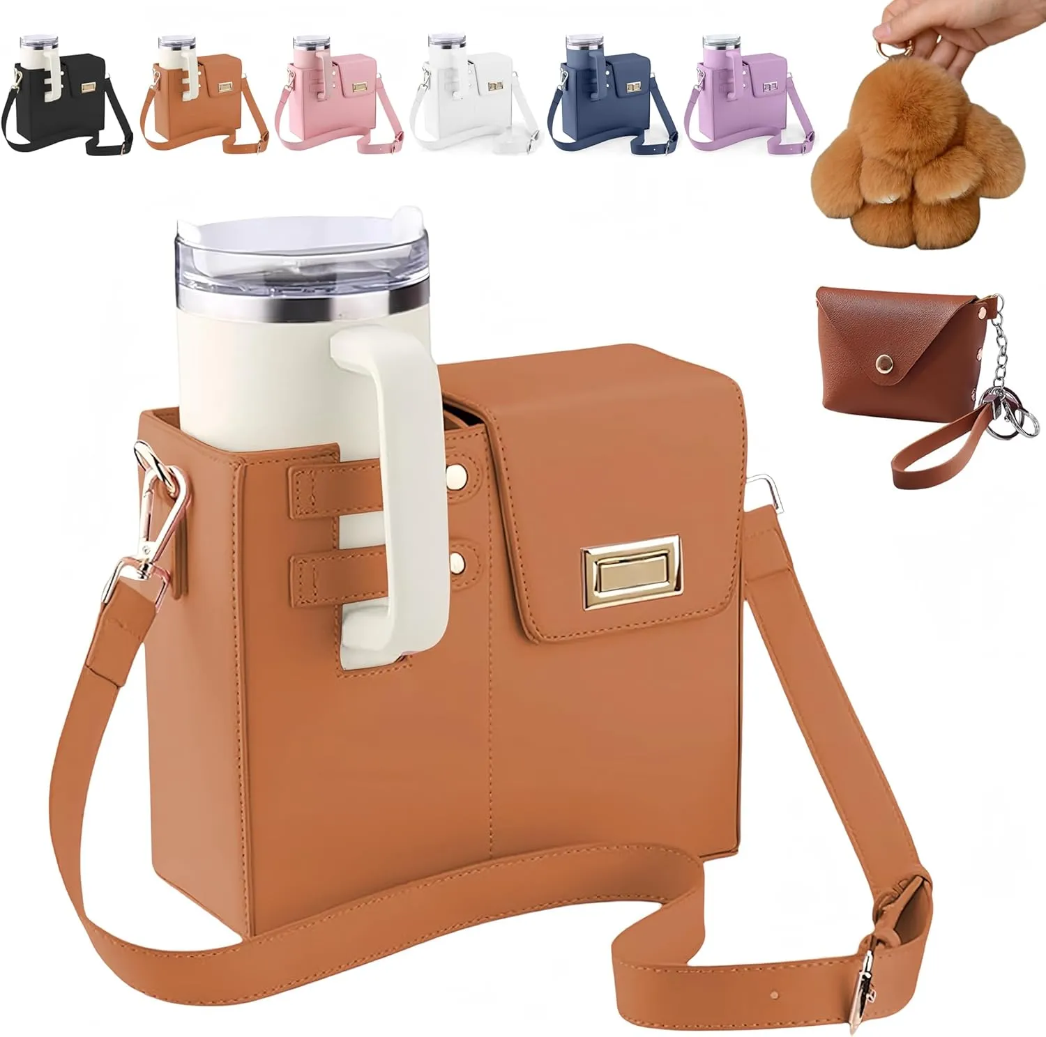 Outdoor Portable Crossbody Water Cup Storage Bag Compatible with Stanley & Most Water Bottles | Includes Coin Purse & Plush Bunny Keychain | Adjustable Crossbody Holder for Travel & Daily