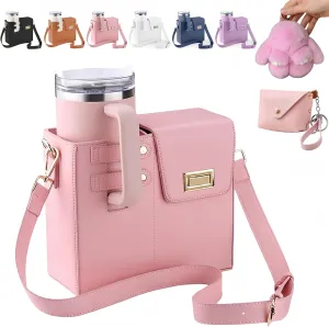 Outdoor Portable Crossbody Water Cup Storage Bag Compatible with Stanley & Most Water Bottles | Includes Coin Purse & Plush Bunny Keychain | Adjustable Crossbody Holder for Travel & Daily
