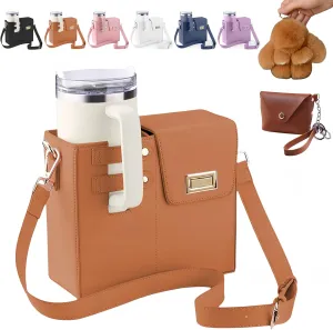 Outdoor Portable Crossbody Water Cup Storage Bag Compatible with Stanley & Most Water Bottles | Includes Coin Purse & Plush Bunny Keychain | Adjustable Crossbody Holder for Travel & Daily