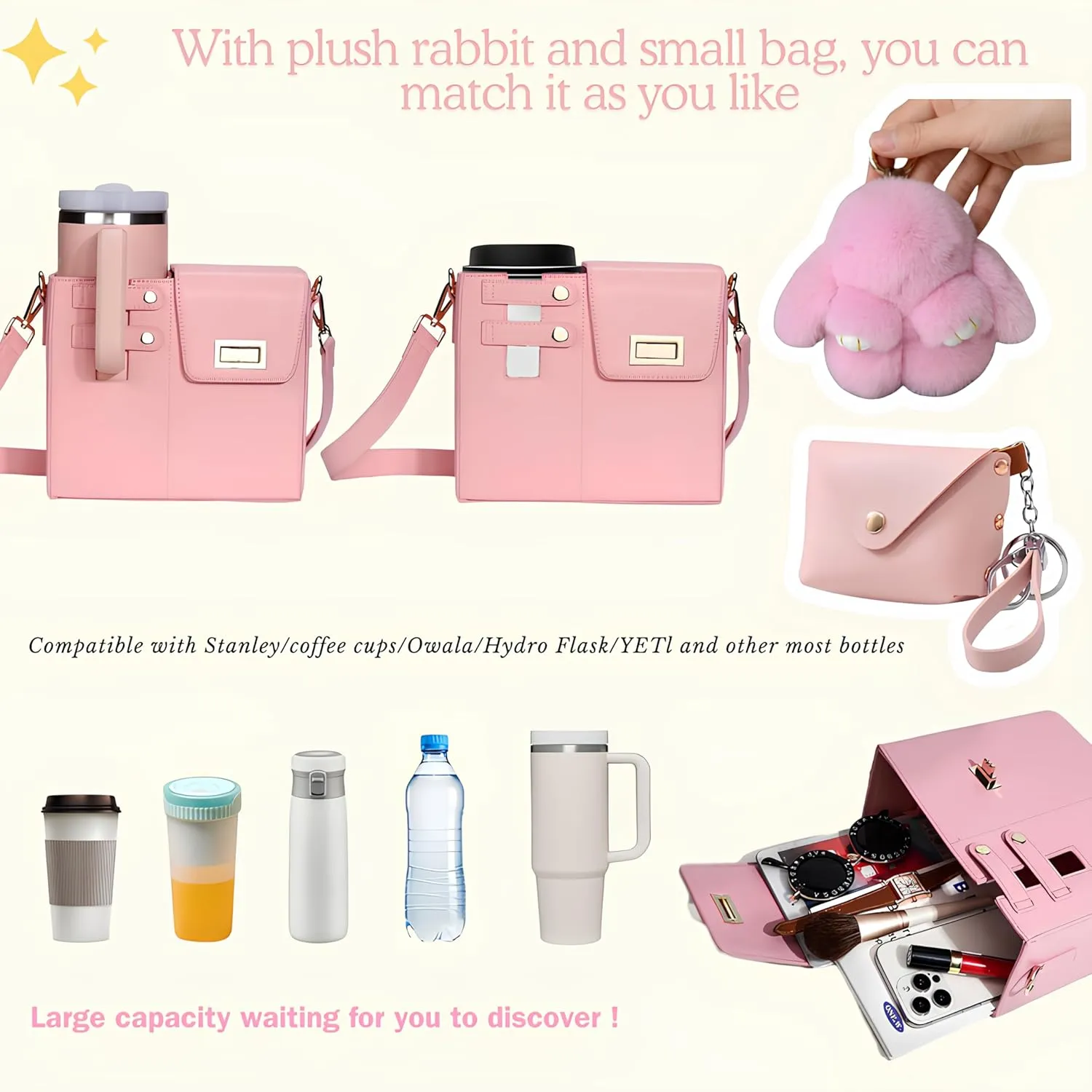Outdoor Portable Crossbody Water Cup Storage Bag Compatible with Stanley & Most Water Bottles | Includes Coin Purse & Plush Bunny Keychain | Adjustable Crossbody Holder for Travel & Daily