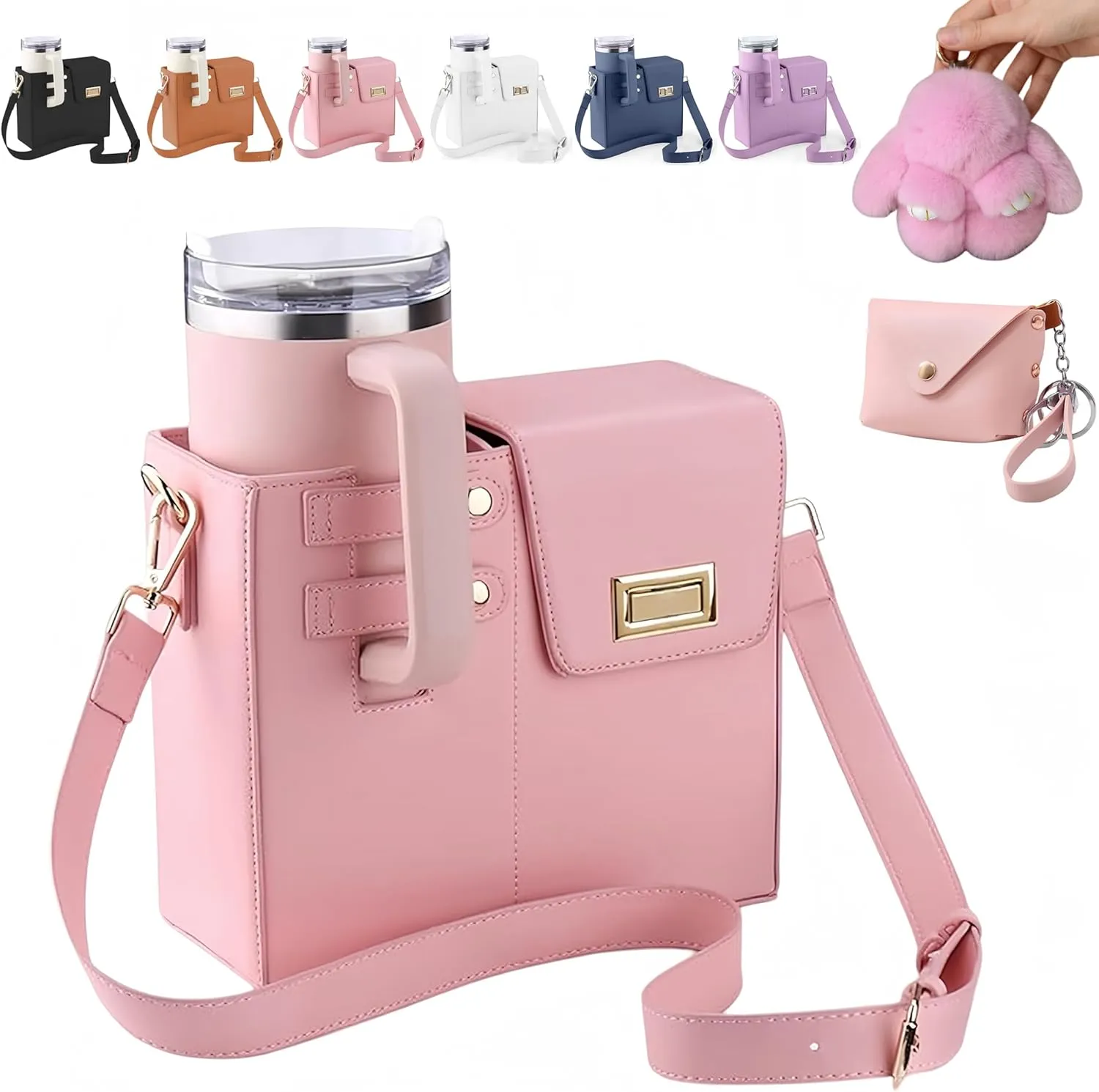 Outdoor Portable Crossbody Water Cup Storage Bag Compatible with Stanley & Most Water Bottles | Includes Coin Purse & Plush Bunny Keychain | Adjustable Crossbody Holder for Travel & Daily