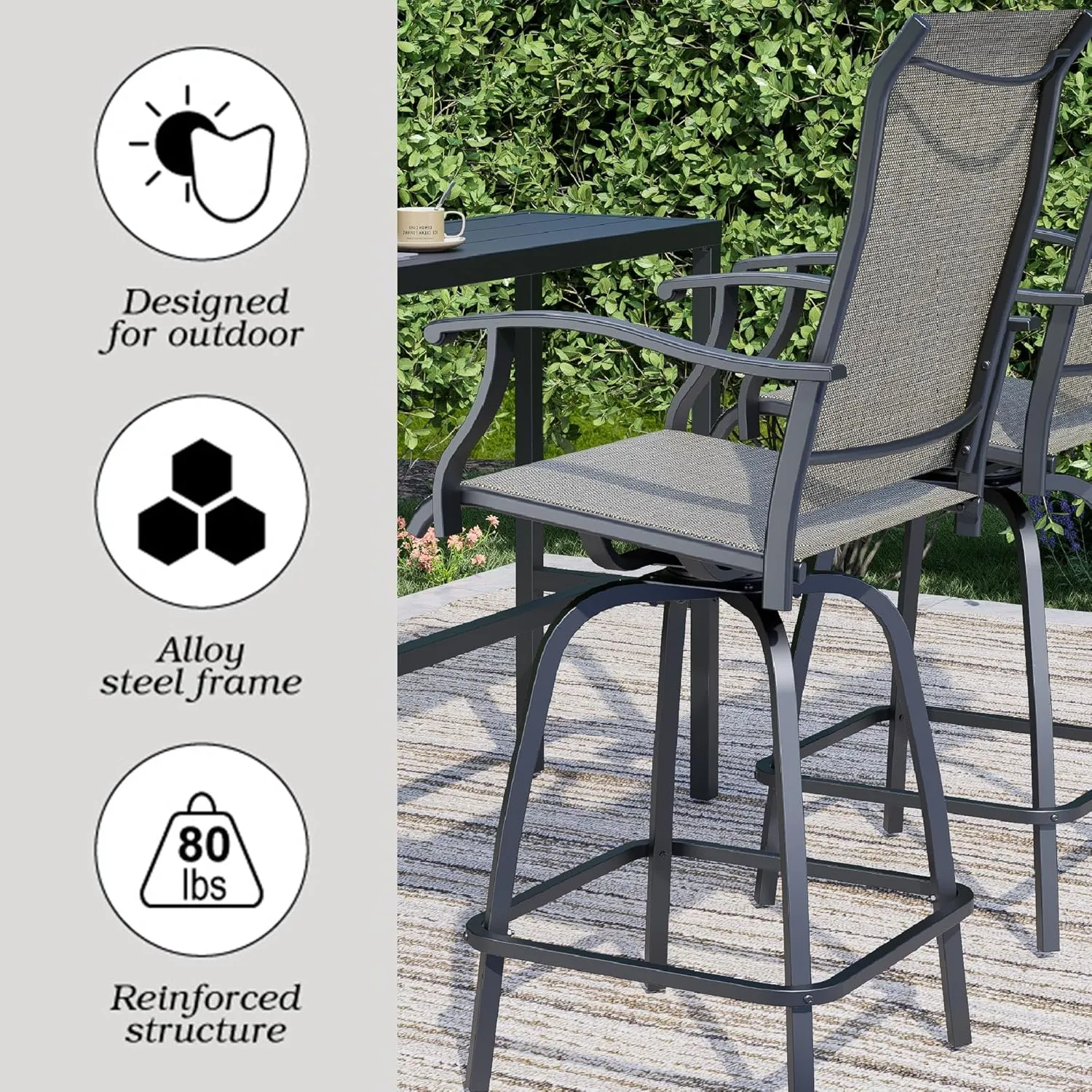 Outdoor Swivel Bar Stools Set of 2, High Top Patio Chairs with Textilene Seating, All-Weather Bar Height Furniture for Kitchen or Outside