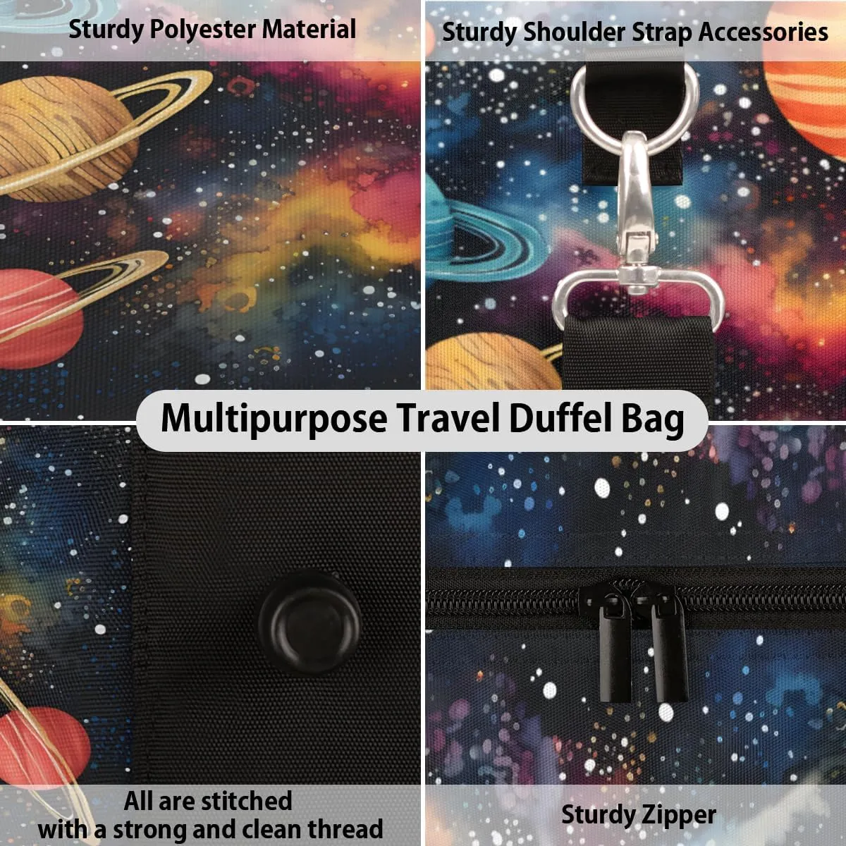 Outer Space Travel Duffle Bag, Sports Gym Bags for Women Men, Carry On Weekender Overnight Bag, Solar System Universe Workout Hospital Airplane Trips Bag