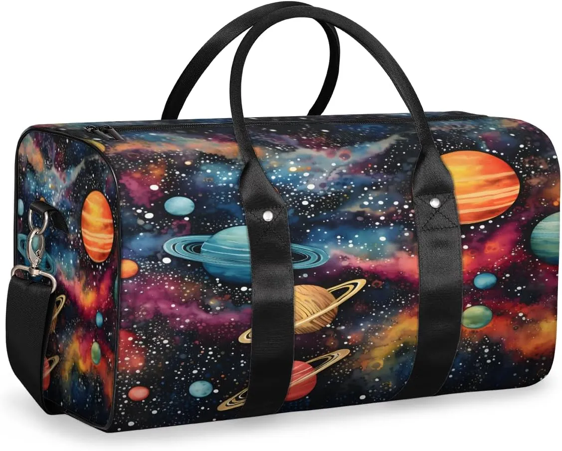 Outer Space Travel Duffle Bag, Sports Gym Bags for Women Men, Carry On Weekender Overnight Bag, Solar System Universe Workout Hospital Airplane Trips Bag