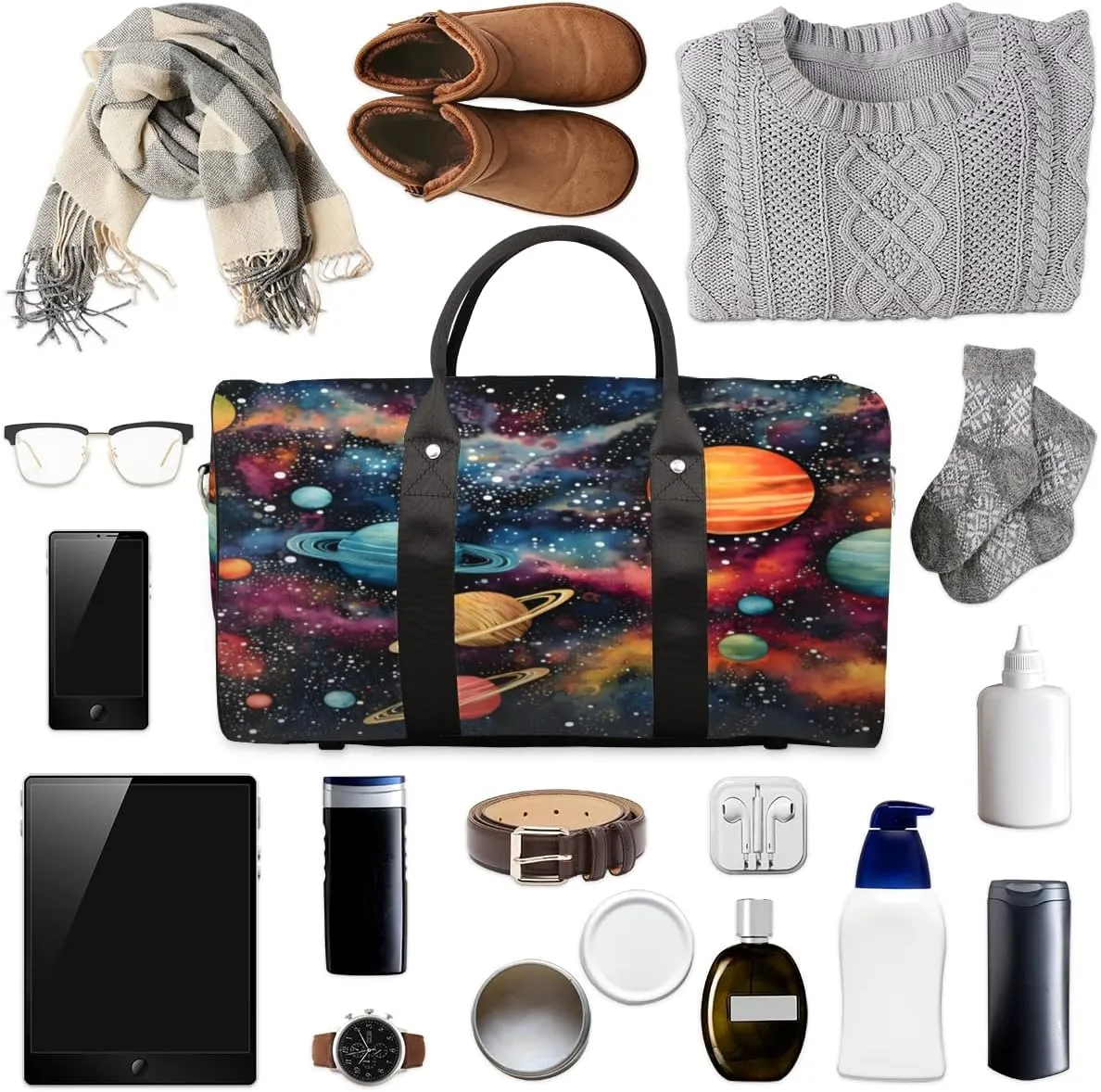 Outer Space Travel Duffle Bag, Sports Gym Bags for Women Men, Carry On Weekender Overnight Bag, Solar System Universe Workout Hospital Airplane Trips Bag