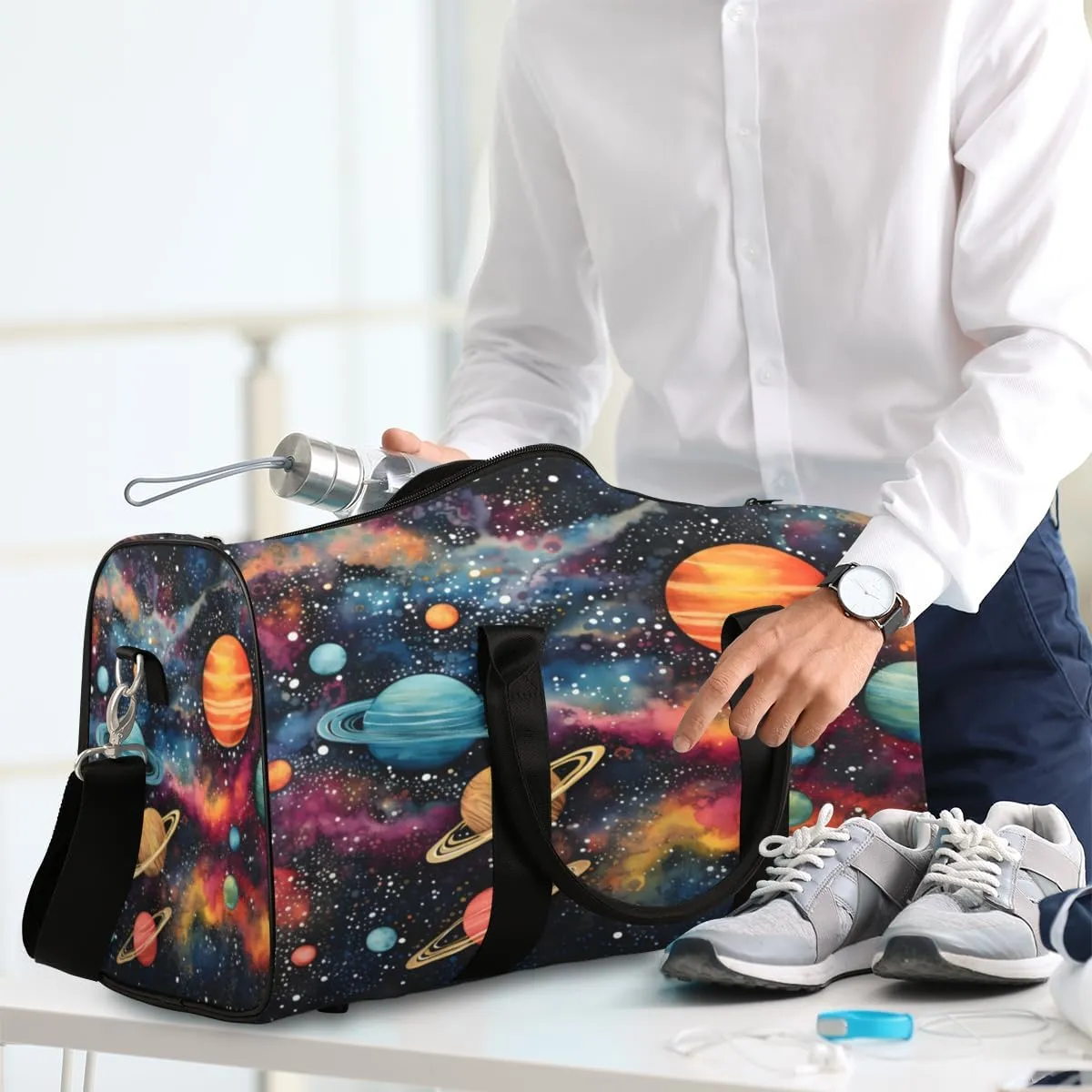 Outer Space Travel Duffle Bag, Sports Gym Bags for Women Men, Carry On Weekender Overnight Bag, Solar System Universe Workout Hospital Airplane Trips Bag