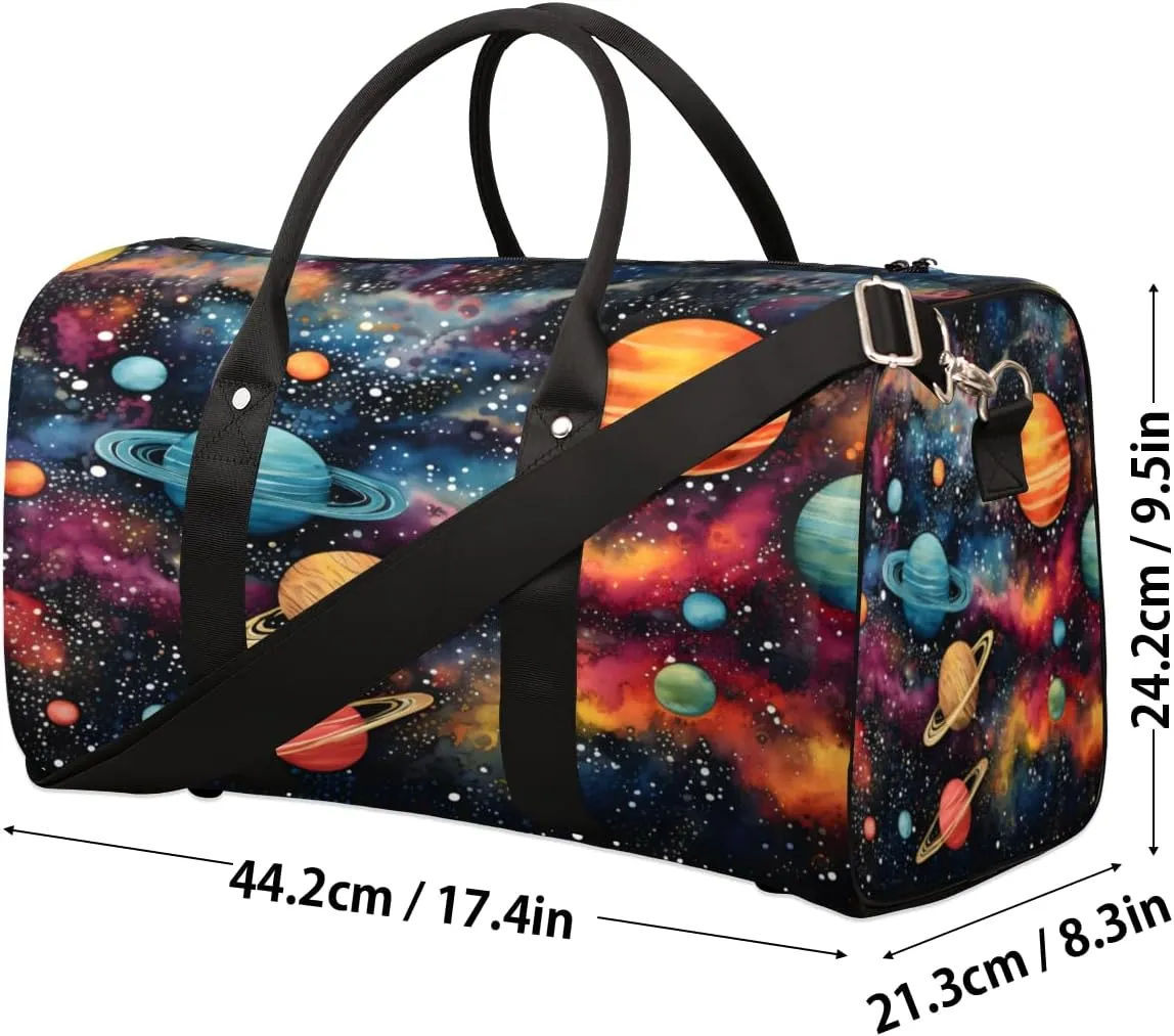Outer Space Travel Duffle Bag, Sports Gym Bags for Women Men, Carry On Weekender Overnight Bag, Solar System Universe Workout Hospital Airplane Trips Bag