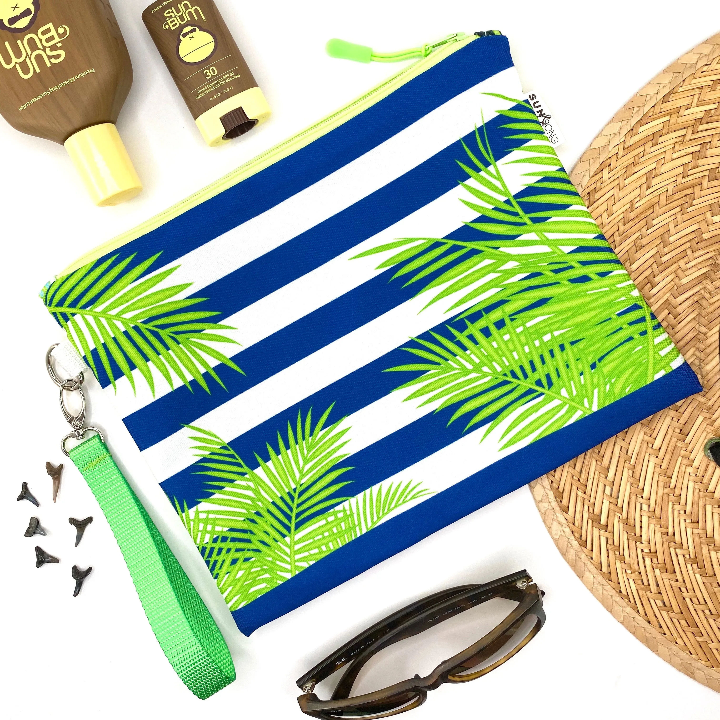 Palm Fronds And Stripes in Blue   Green, Water-Resistant Wet Bag