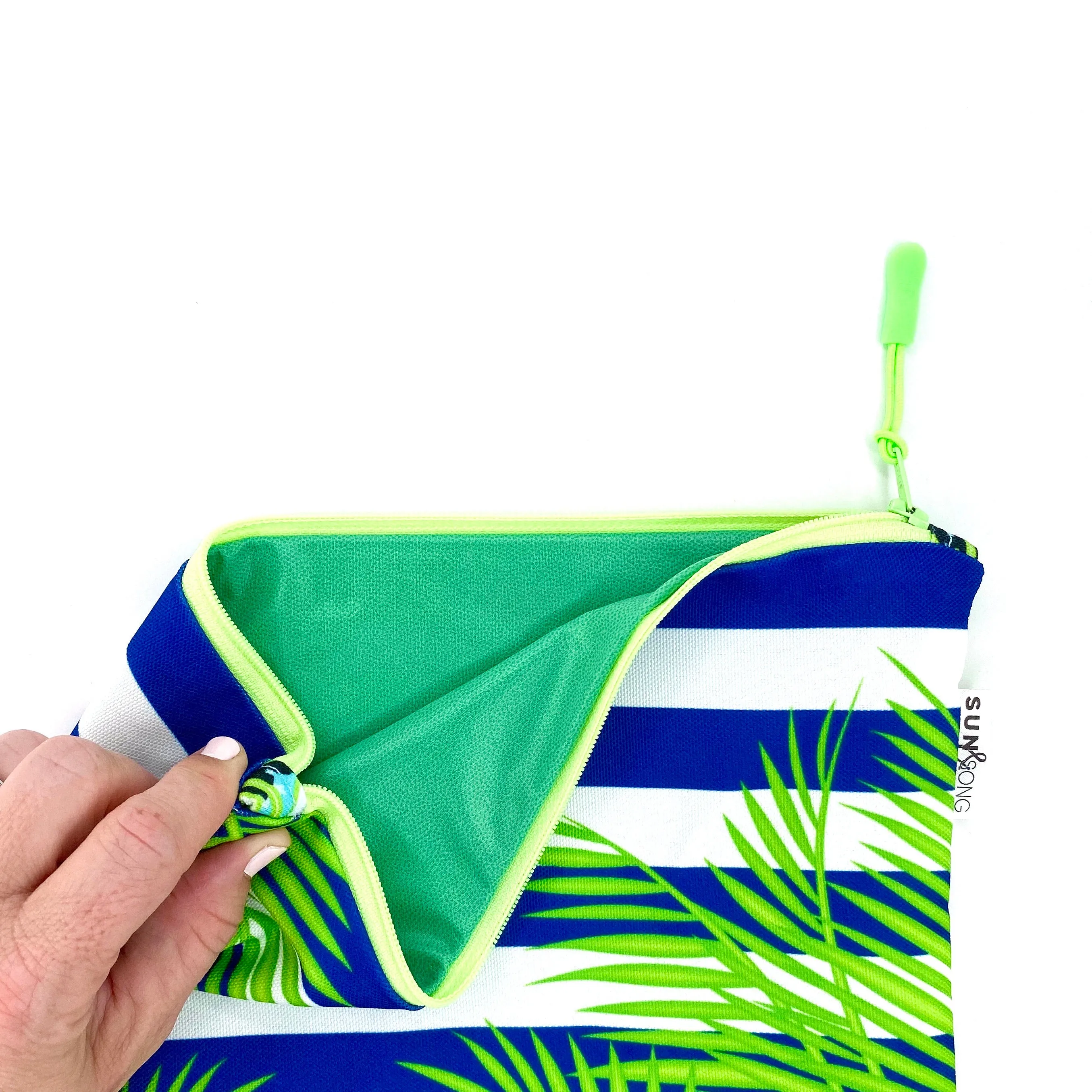 Palm Fronds And Stripes in Blue   Green, Water-Resistant Wet Bag