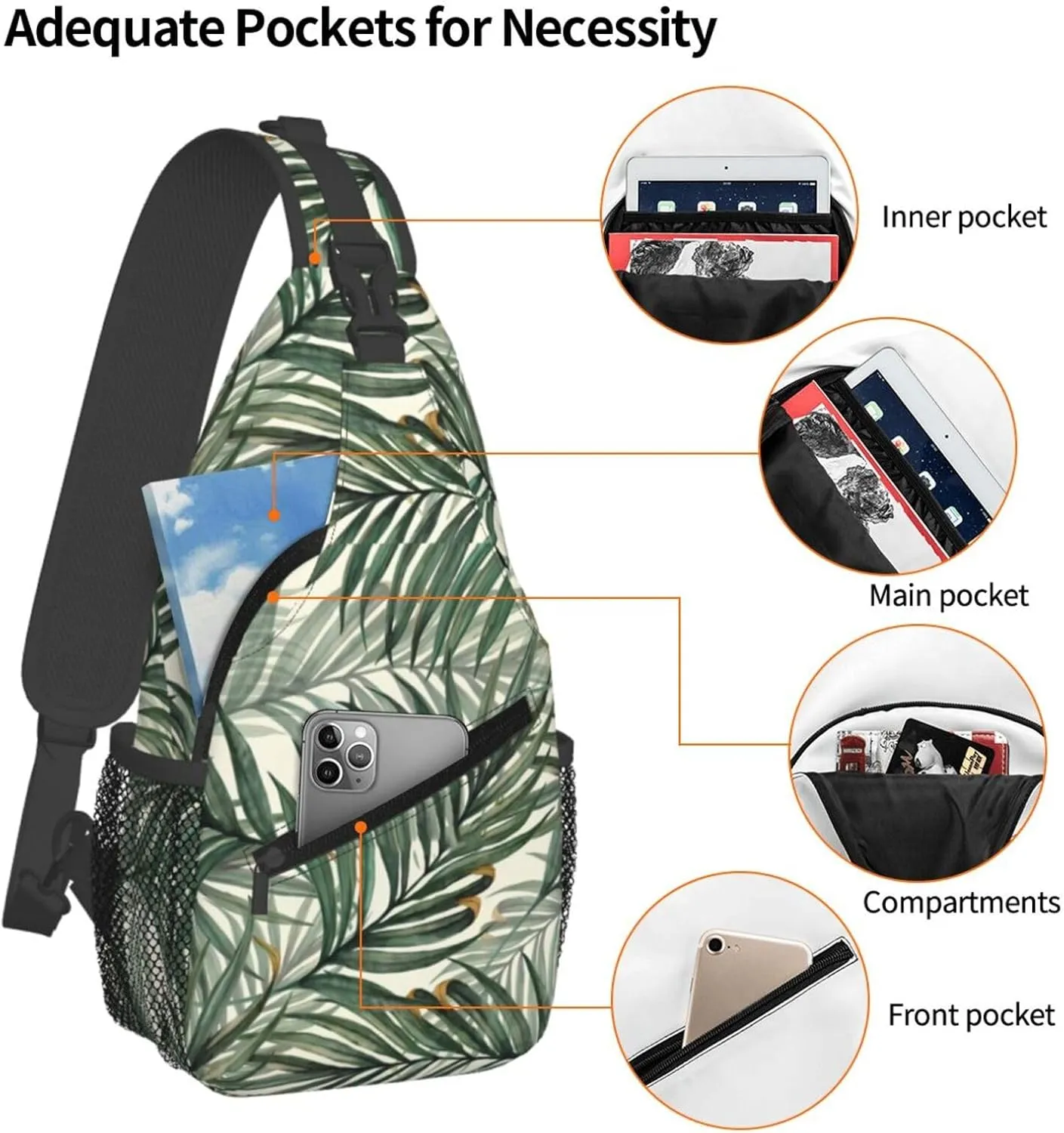 Palm Leaves Chest Sling Bag Crossbody Shoulder Backpack Bag Gym Cycling Daypack Travel Hiking Cross Bag
