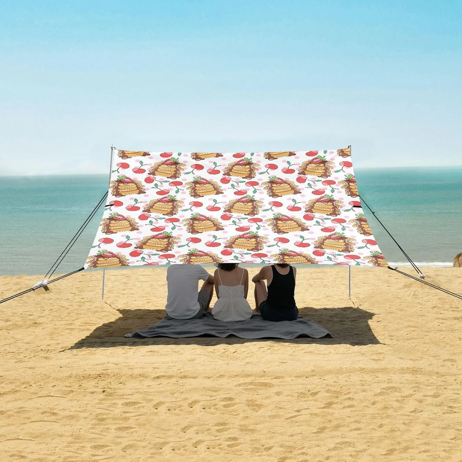 Pancakes Cherries Breakfast Beach Canopy Tent Anti-UV & Wind Resistant, Camping Sun Shelter Easy Setup Portable,Outdoor Shade Tents with Sandbags,Sand Shovels,Ground Pegs & Stability Poles