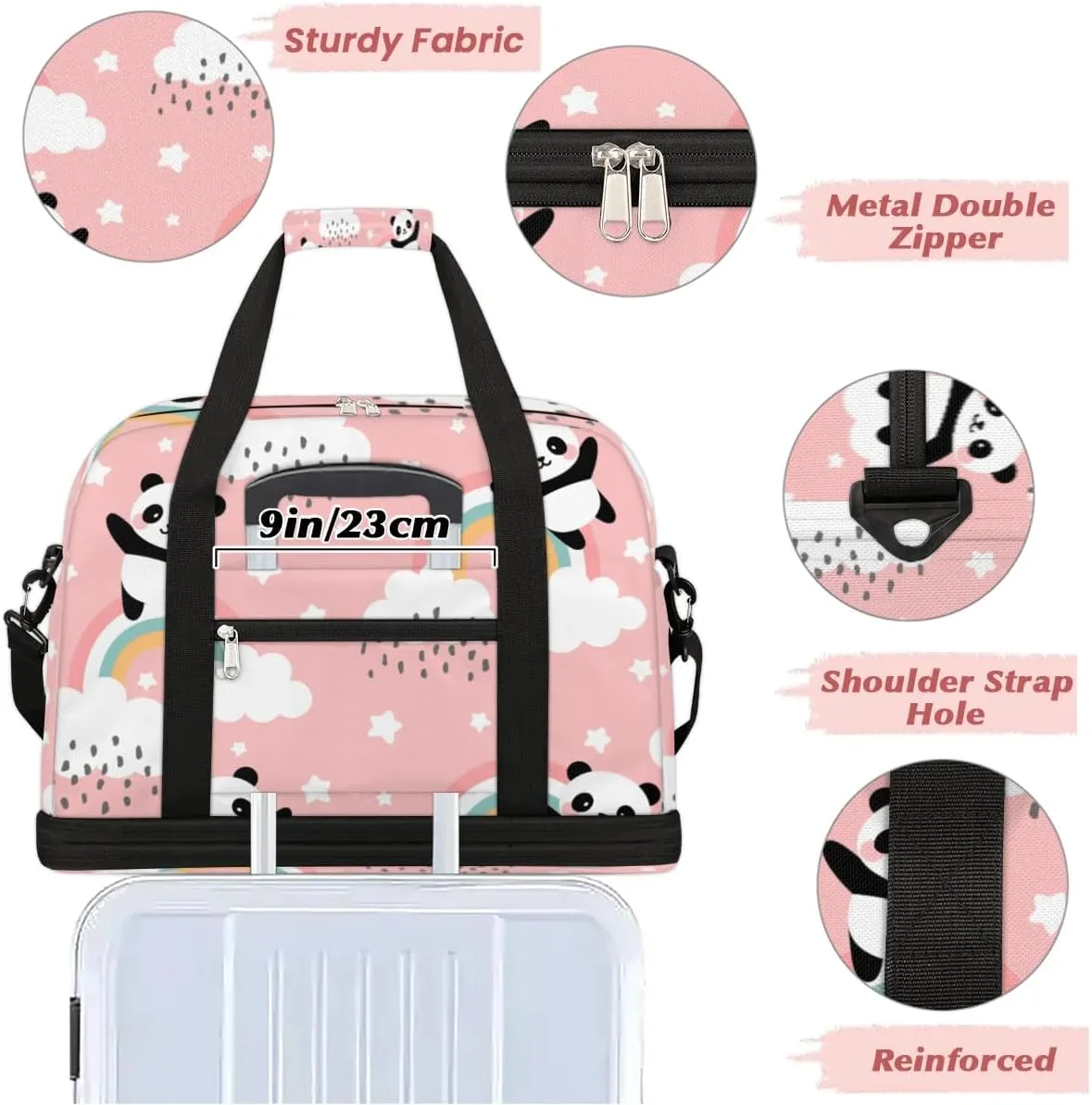 Panda Cloud Star Sports Gym Bag with Shoes Compartment Foldable Travel Duffel Bag Dry Wet Separated Sports Tote Workout Weekender Overnight Bag for Women Yoga Dance Work Training Handbag