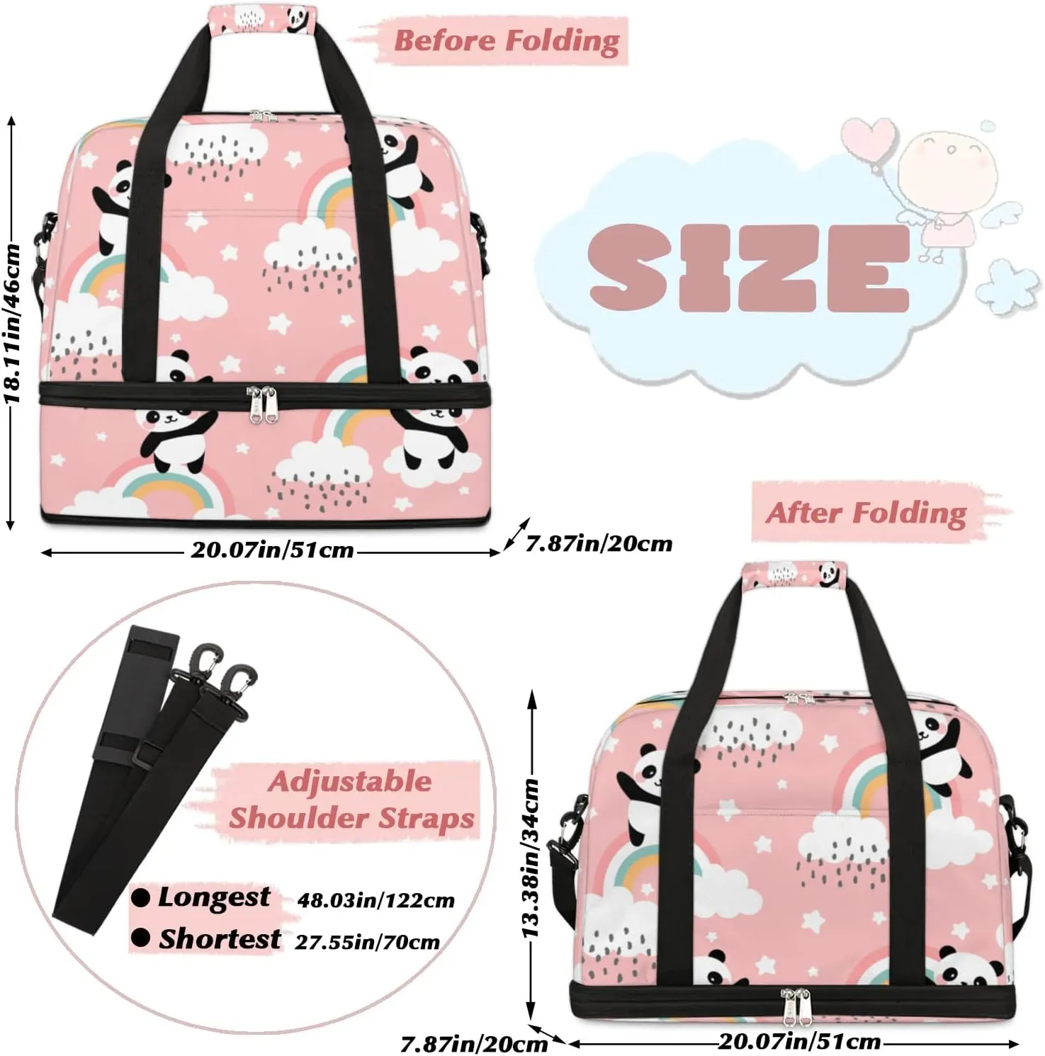 Panda Cloud Star Sports Gym Bag with Shoes Compartment Foldable Travel Duffel Bag Dry Wet Separated Sports Tote Workout Weekender Overnight Bag for Women Yoga Dance Work Training Handbag
